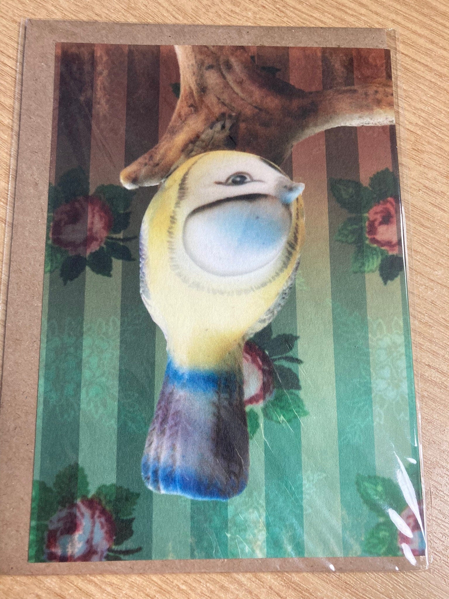 Vintage retro kitsch cute blue tit garden bird plain greetings card 1980s