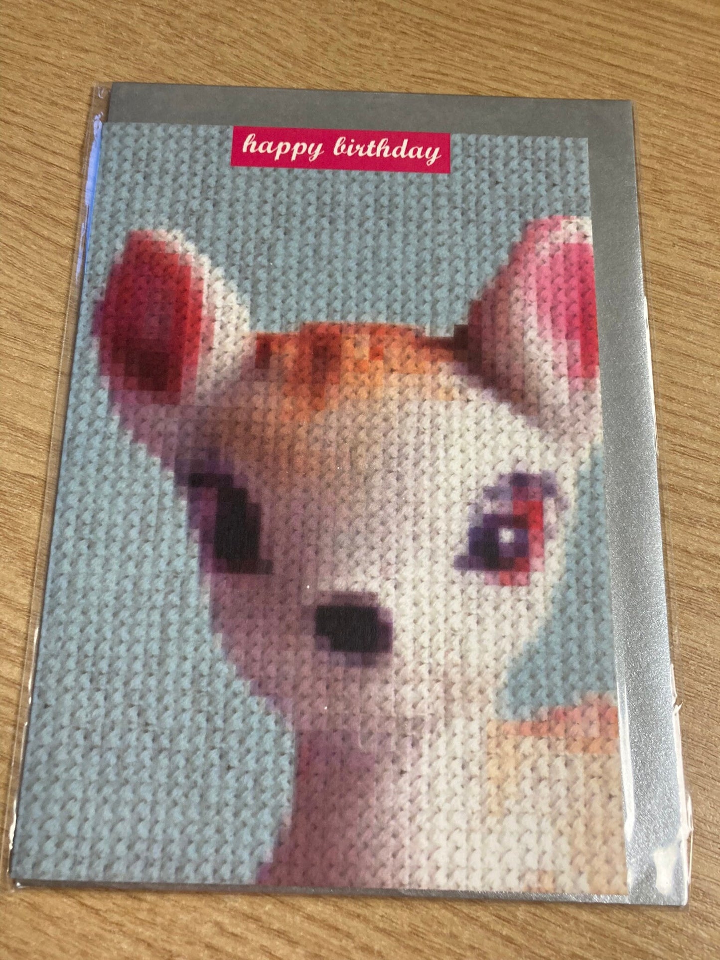 Vintage retro kitsch happy birthday card 1980s knitted bambi deer cross stitch