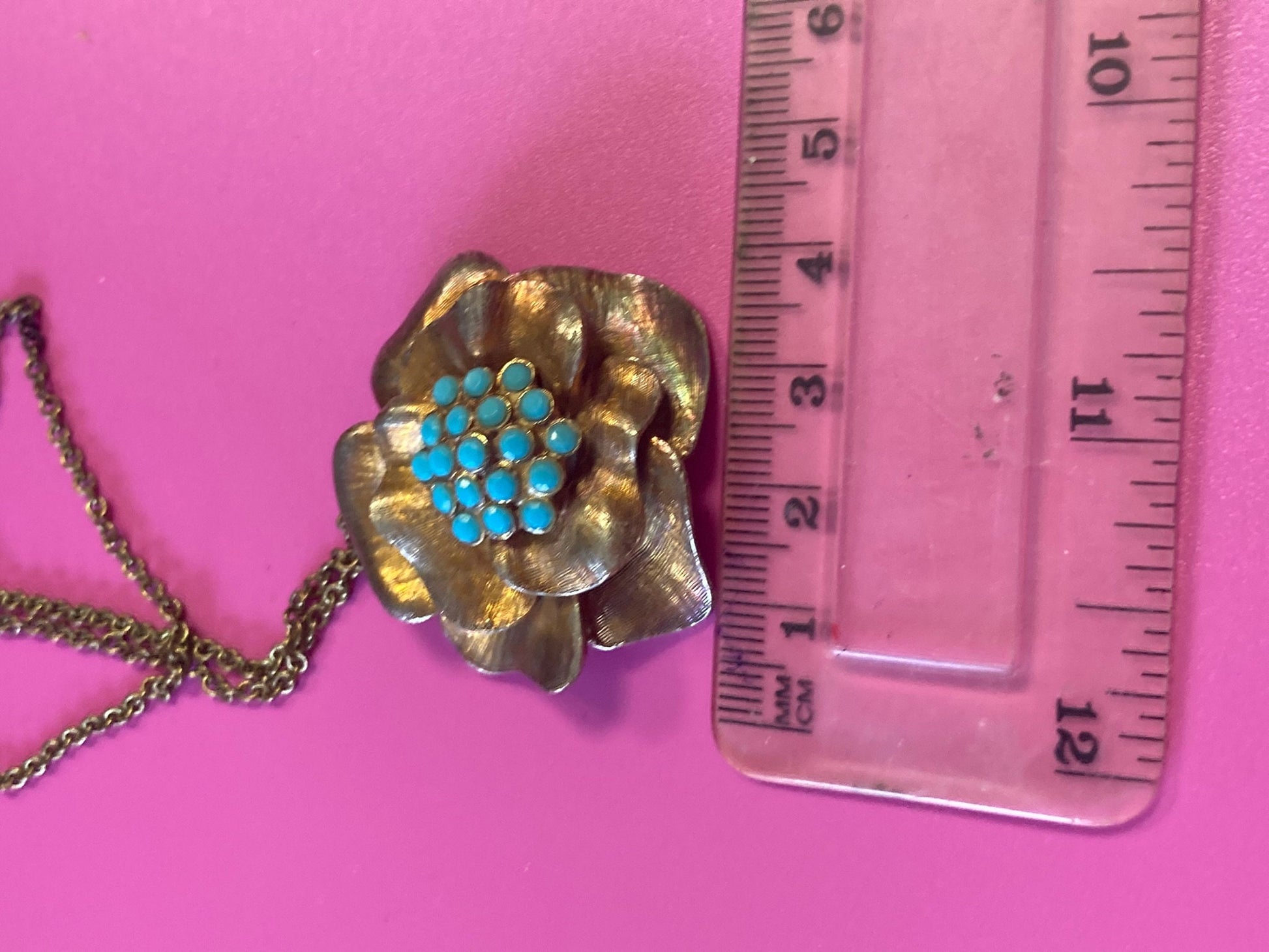 Vintage copper gold tone drop necklace with turquoise paste floral pendant chain