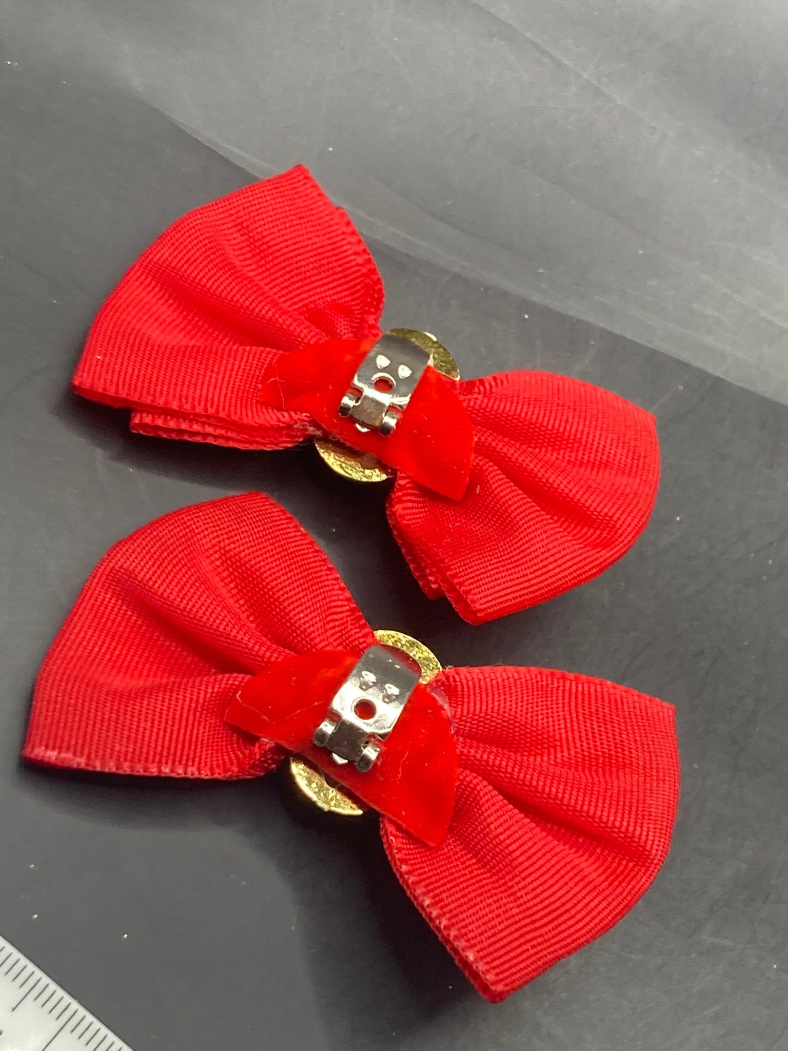 High End pair of red GROSGRAIN and gold metal large BOW shoe clips Vintage retro vintage