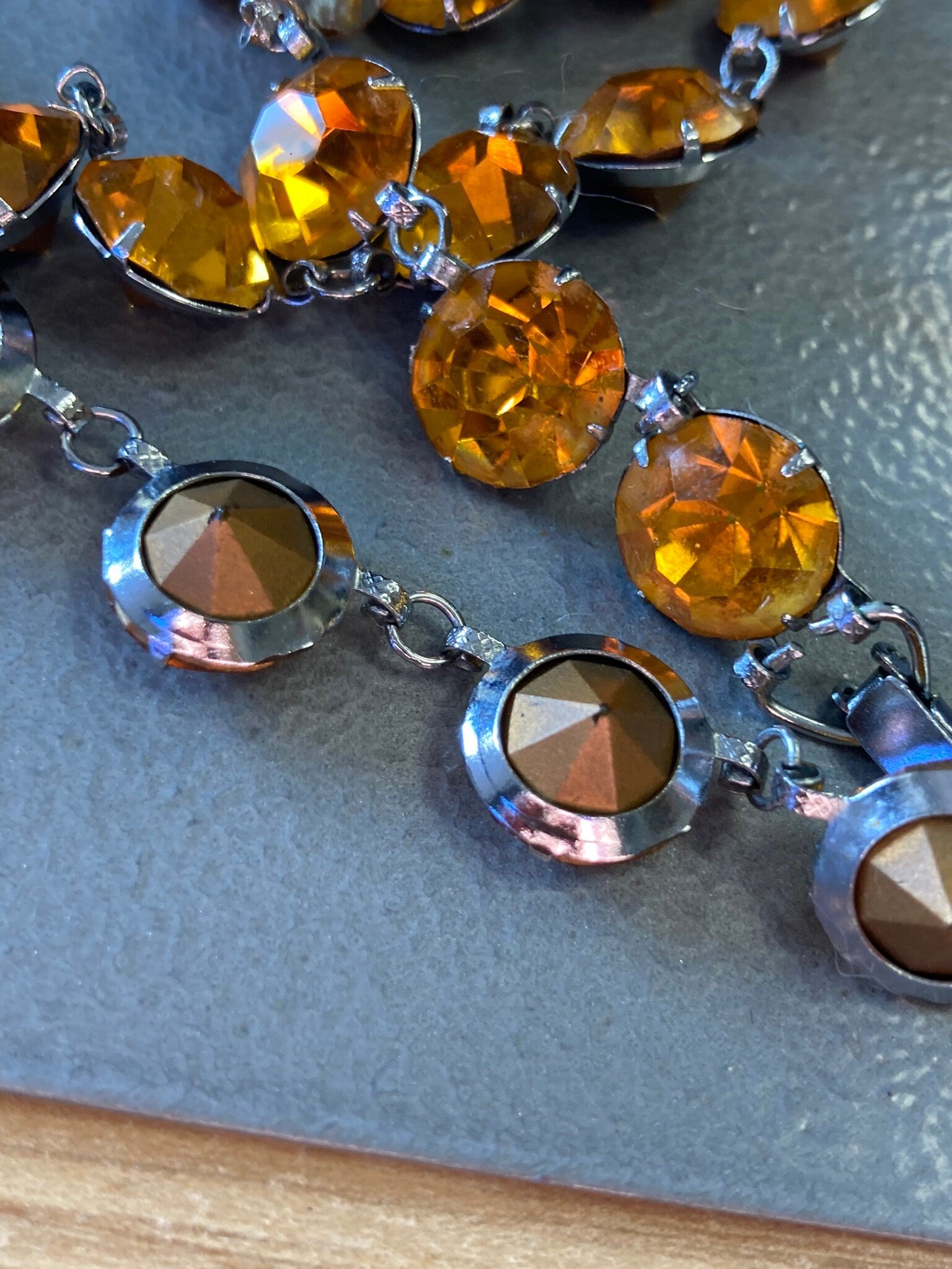Vintage silver tone open back AMBER foil back paste diamante choker necklace and bracelet set