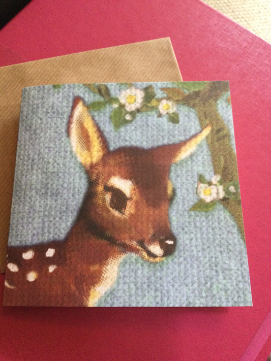 Vintage retro kitsch plain blank greetings card 1950s style cute fawn bambi deer toy birthday card with craft envelope 12.5 square