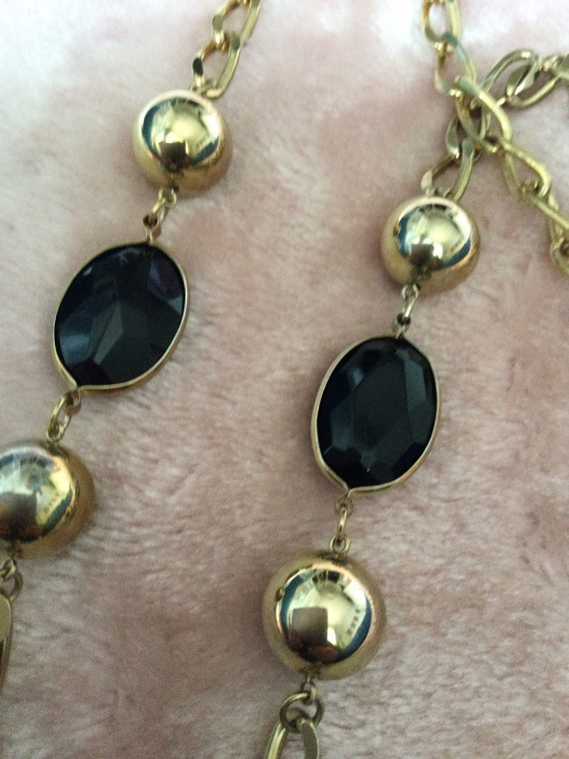 Rivière bezel set clear and black plastic ball link gold tone station necklace