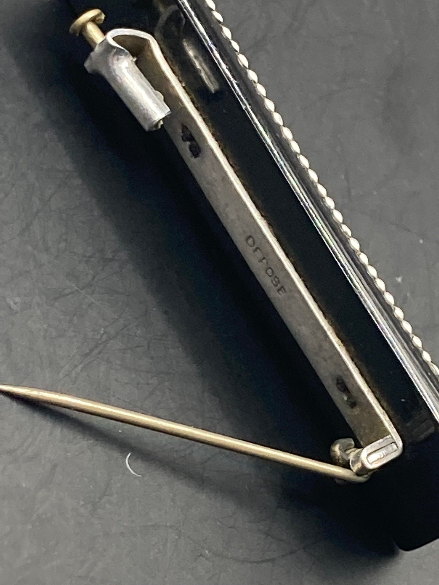 black plastic or Bakelite rhinestone paste diamanté bar brooch