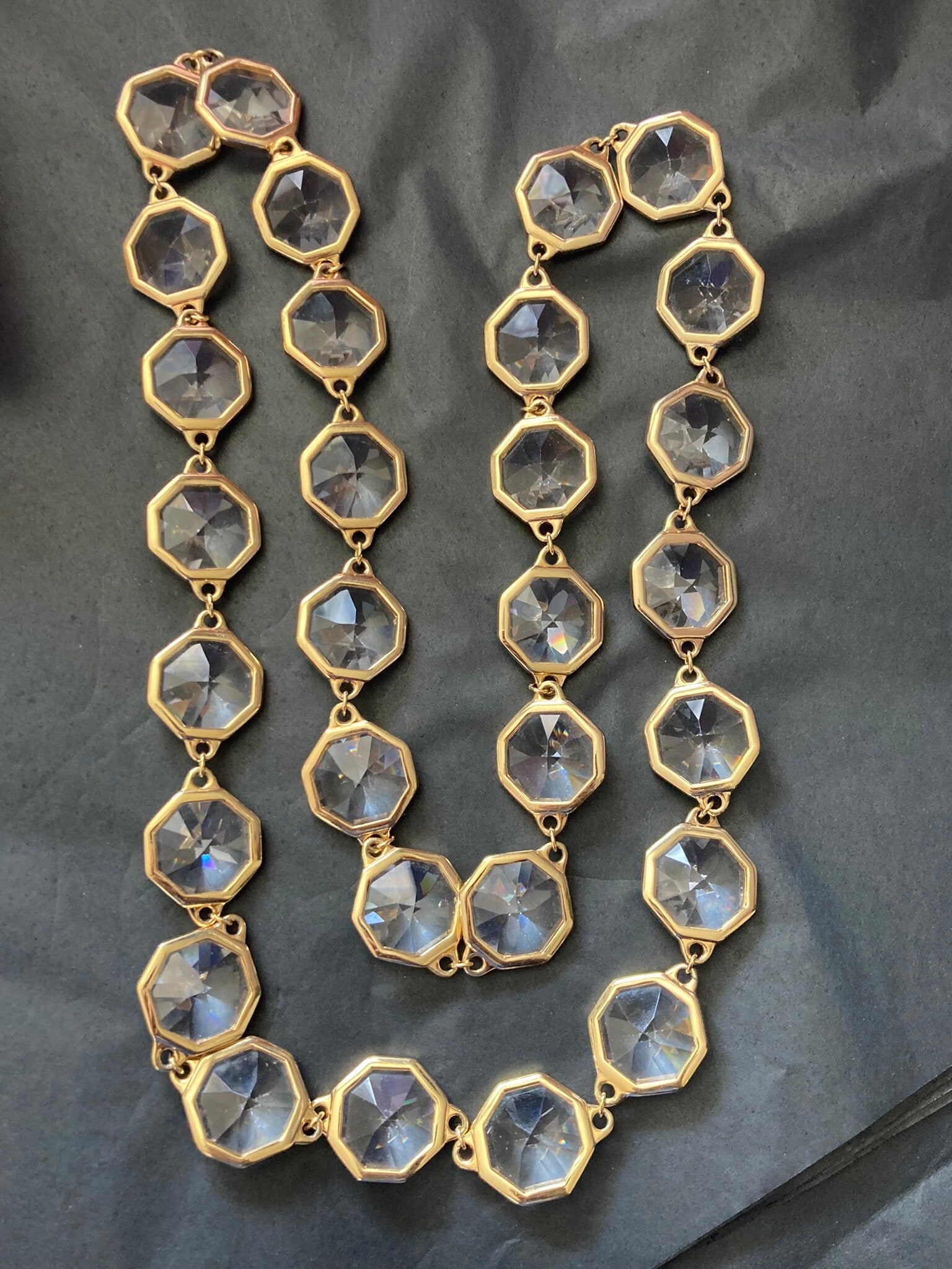 gold plated high end octagonal clear crystal glass long chain link necklace