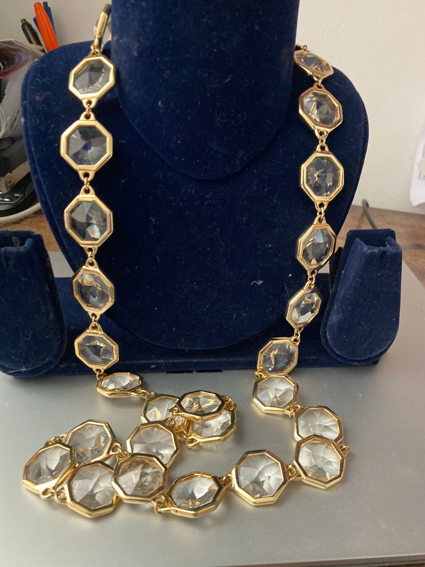 gold plated high end octagonal clear crystal glass long chain link necklace
