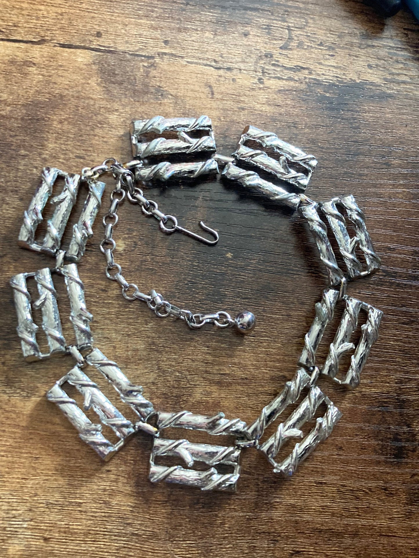 Brutalist Silver Tone Chunky Wide link bark textured necklace choker