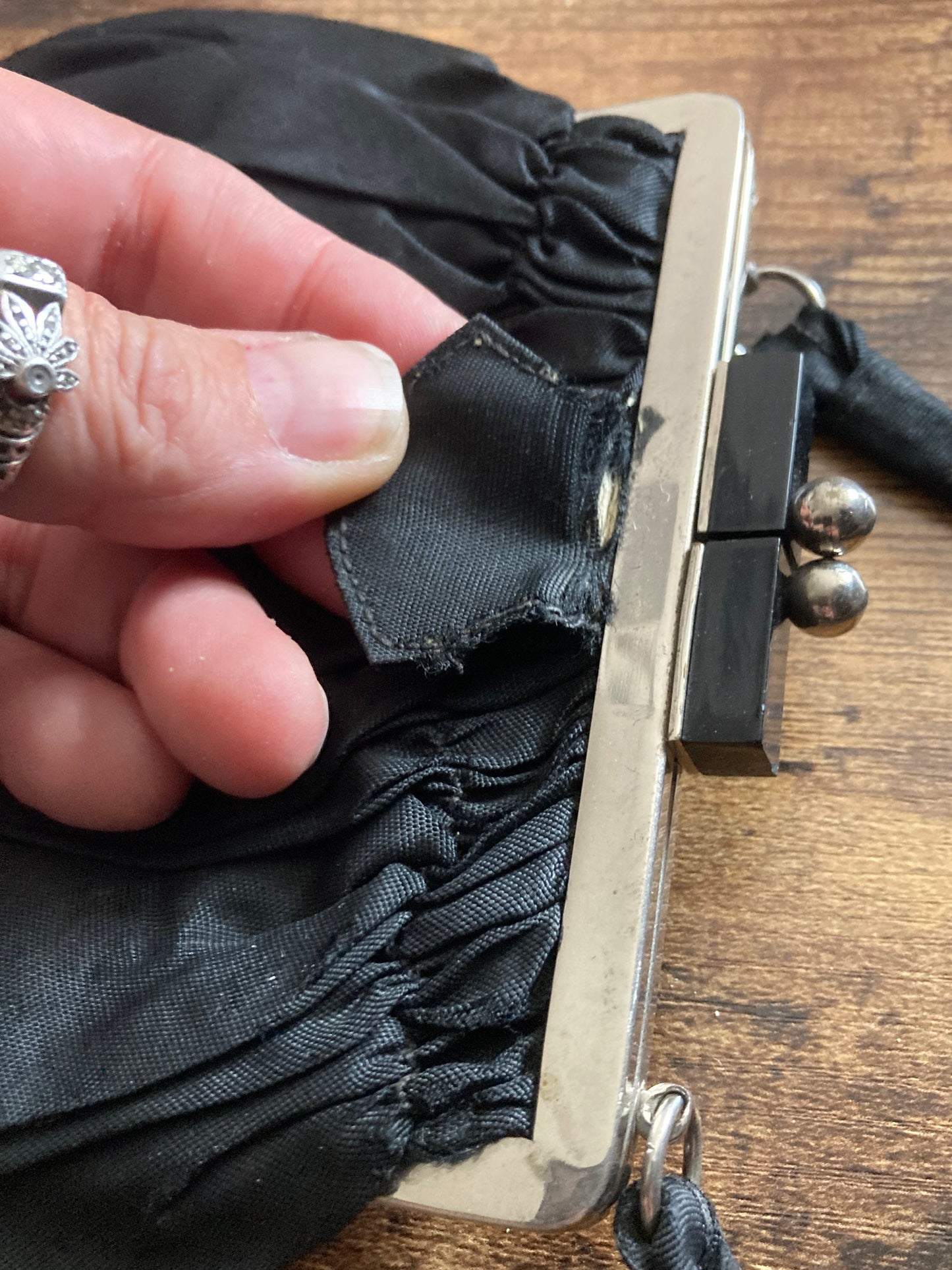 Vintage Art Deco black shot silk Evening Bag Purse Diamanté Bakelite Clasp