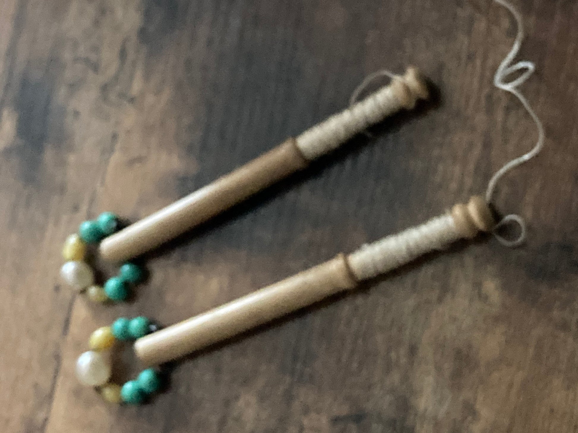 Vintage Pair of wooden lace bobbins spangles