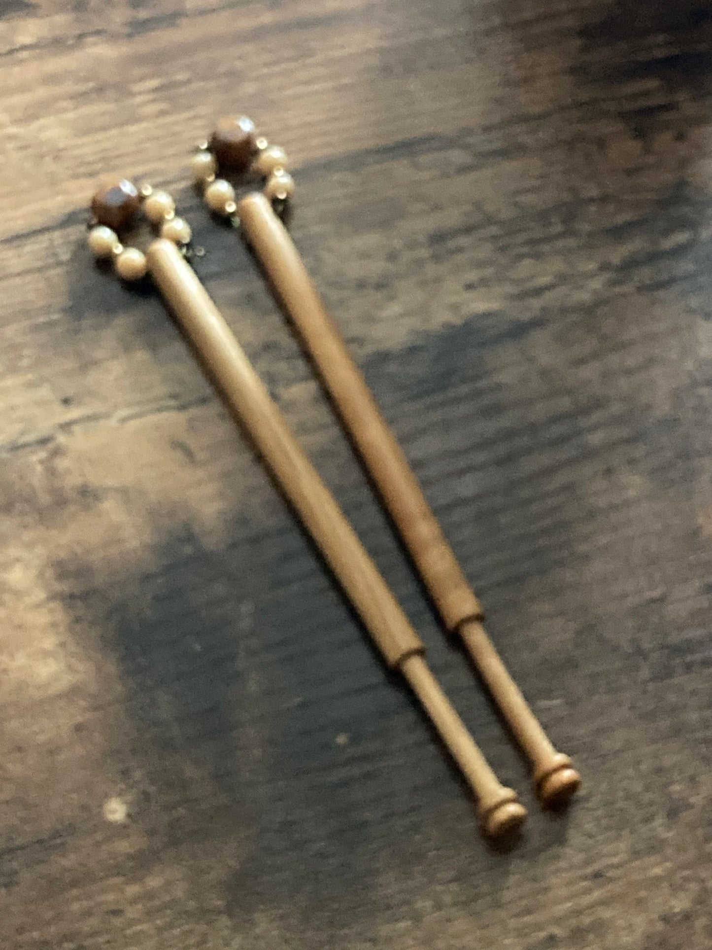 Vintage Pair of wooden lace bobbins with beaded spangles