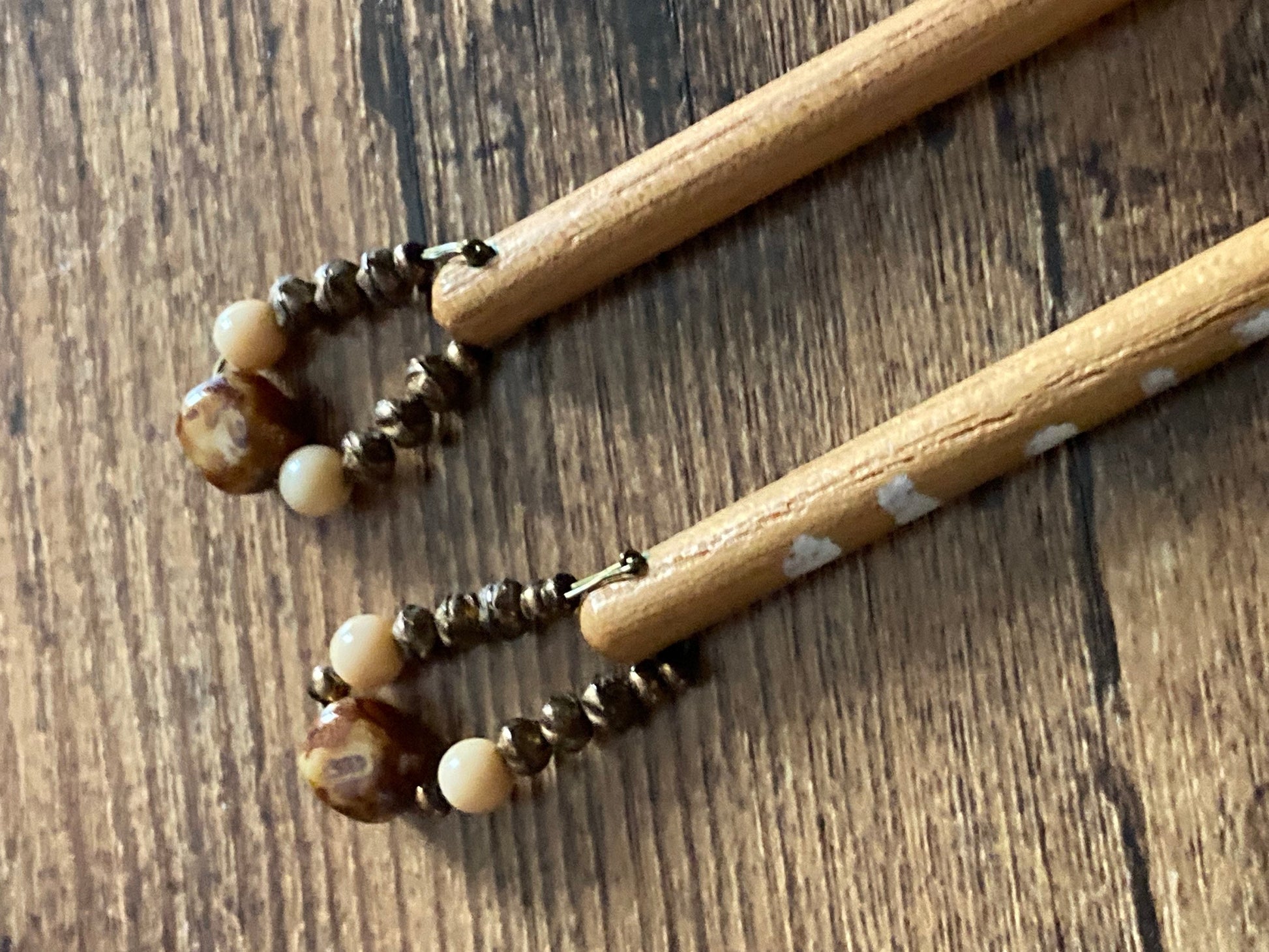 Vintage Pair of wooden lace bobbins with beaded spangles