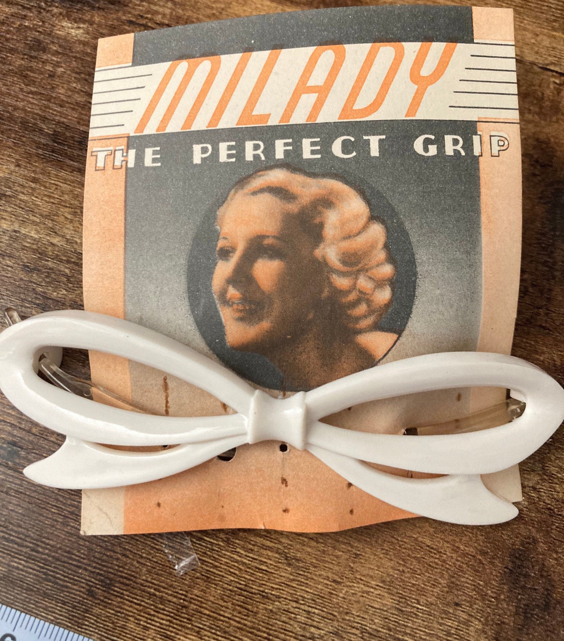 Vintage large early off white plastic celluloid bow hair clip barrette hair grip