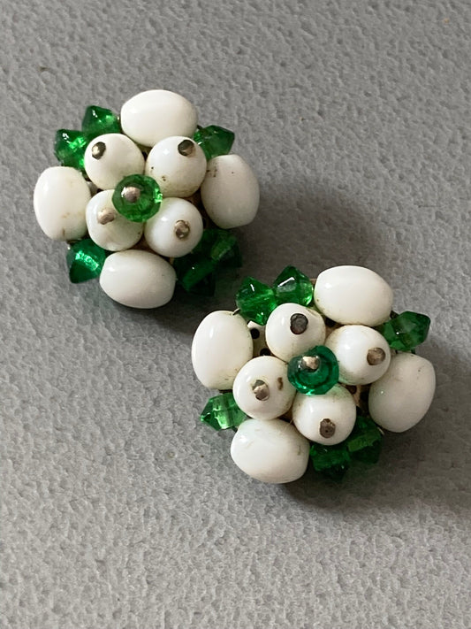 light green & white milk glass floral beaded Cluster Clip On Earrings