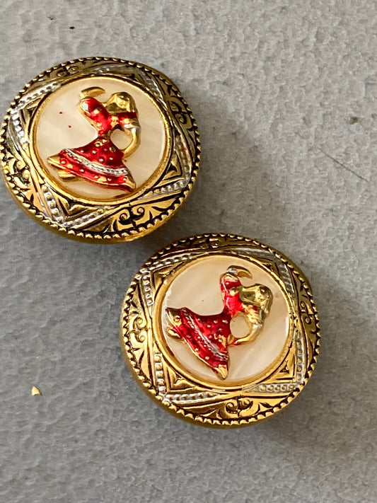 Vintage toledo black gold red flamenco dancer clip on earrings Spanish