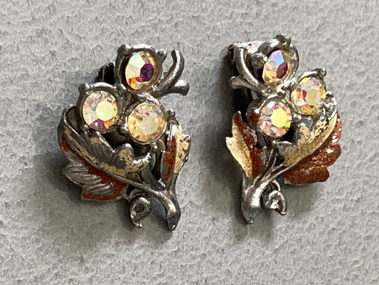 vintage AB aurora borealis glass rhinestone diamanté brown Enamel Clip on earrings