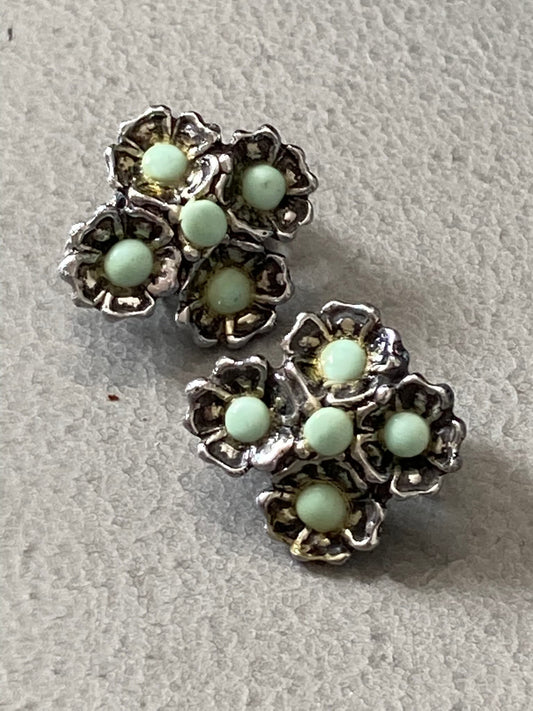 Turquoise cabochon floral clip on modernist earrings