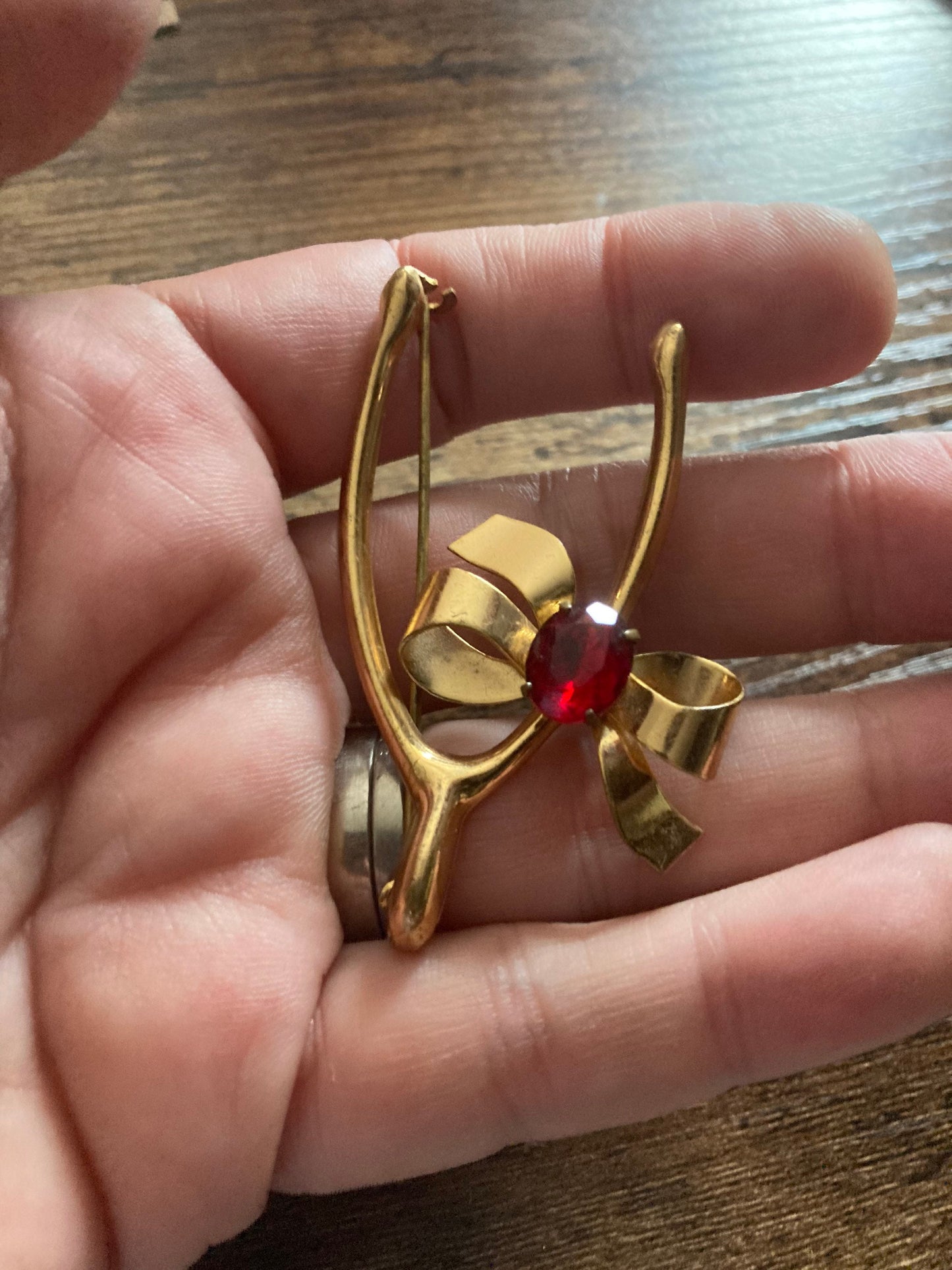 6cm Good Luck Wishbone ruby red Paste Rhinestone diamante Brass brooch Something Old bridal 1940s 1950s vintage