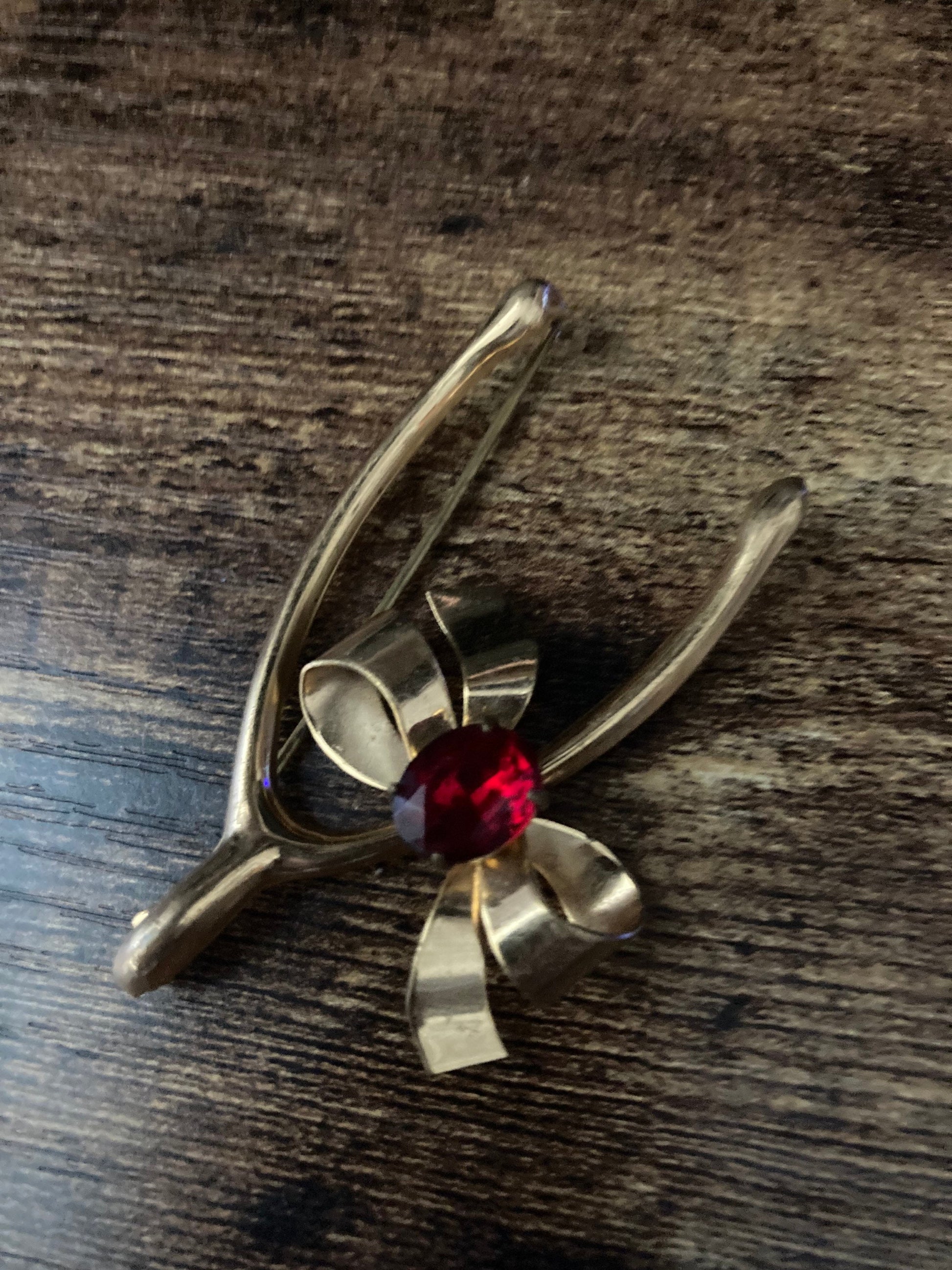 6cm Good Luck Wishbone ruby red Paste Rhinestone diamante Brass brooch Something Old bridal 1940s 1950s vintage