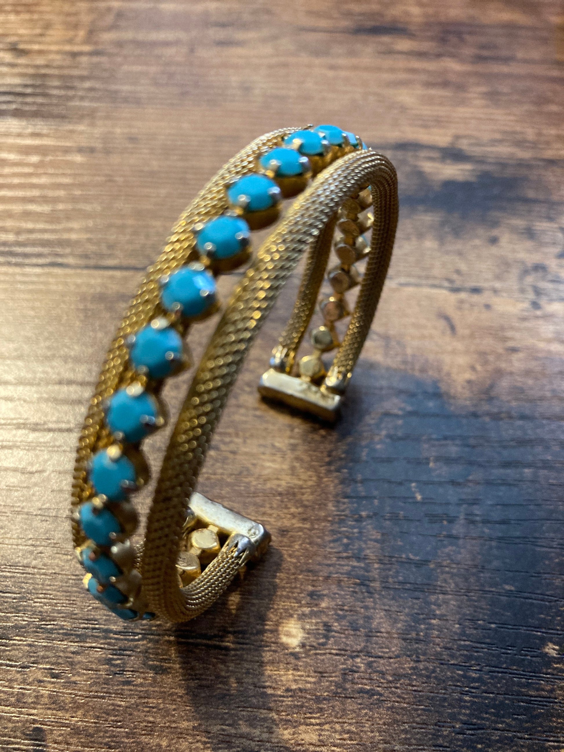 Vintage open ended adjustable fixed flat link textured gold tone gilt cuff bracelet with turquoise blue paste
