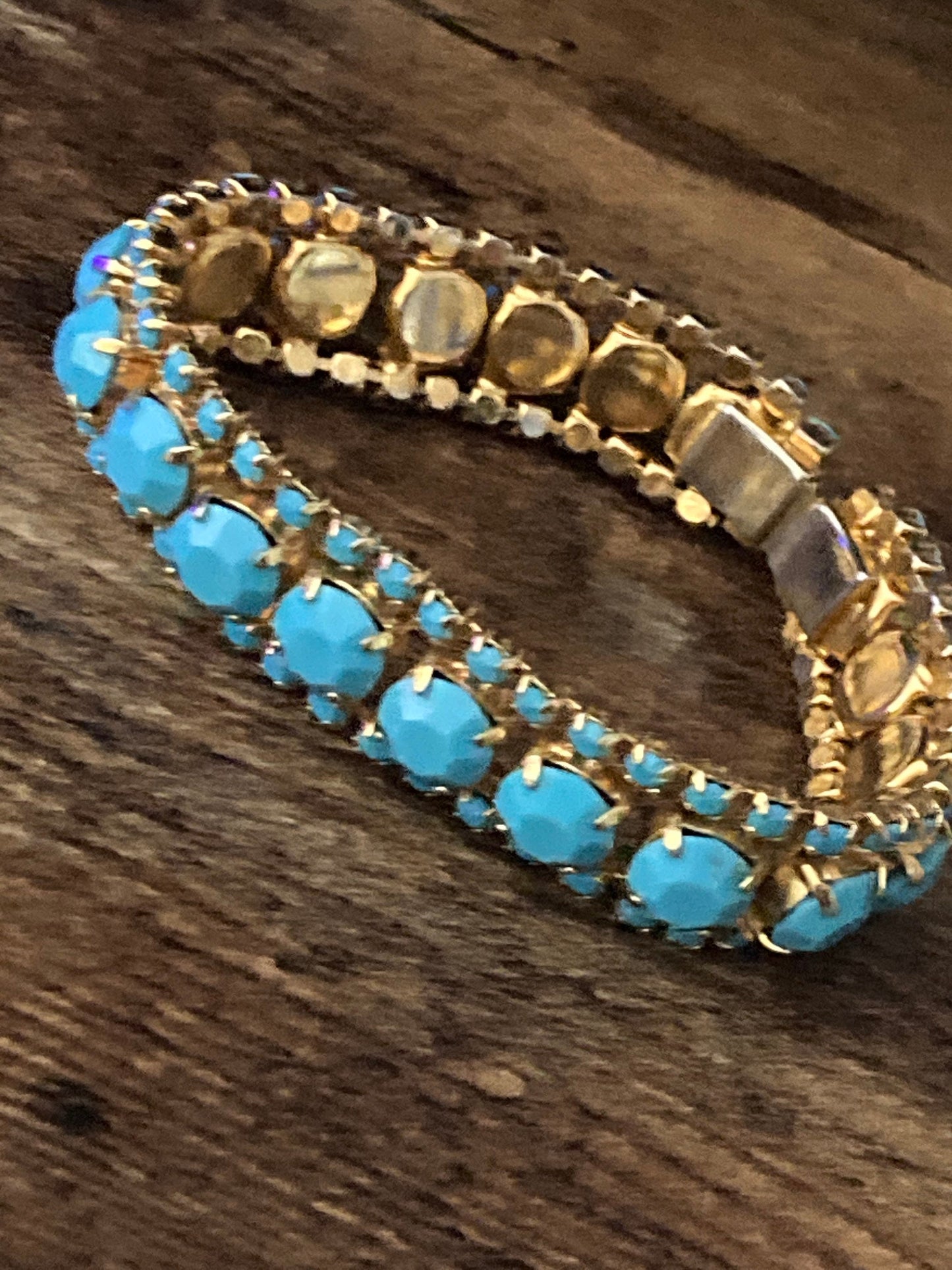 Vintage 1960s 1970s gold tone turquoise rhinestone paste bracelet 19.5 cm long x 1cm wide