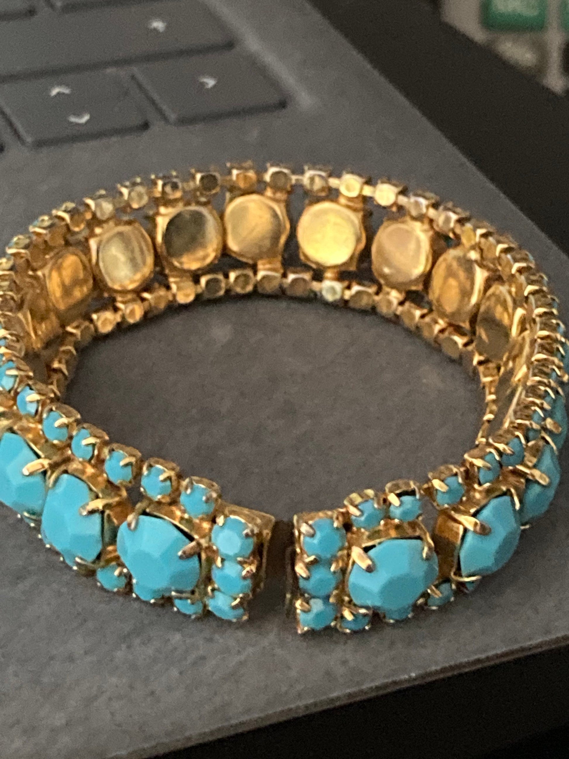 Vintage 1960s 1970s gold tone turquoise rhinestone paste bracelet 19.5 cm long x 1cm wide