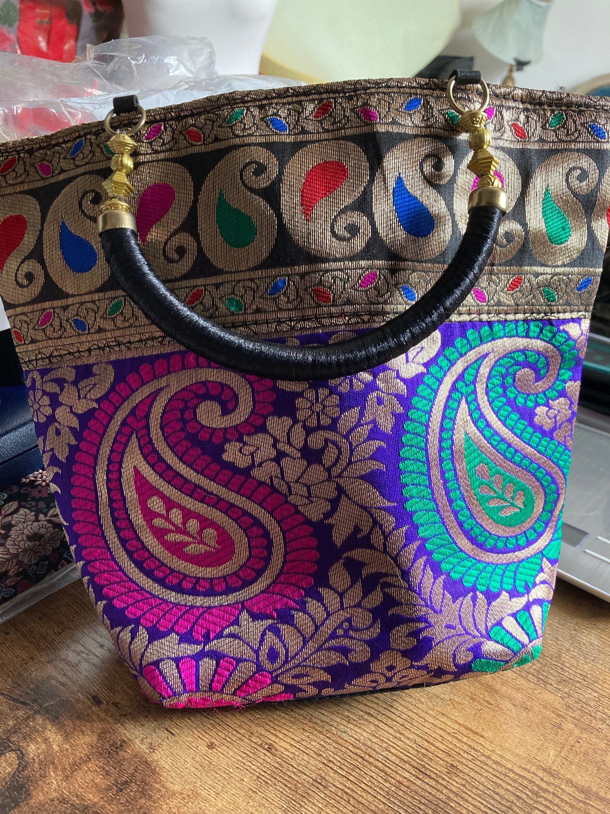 Indian sari style small evening bag bucket purse black bright pink gold