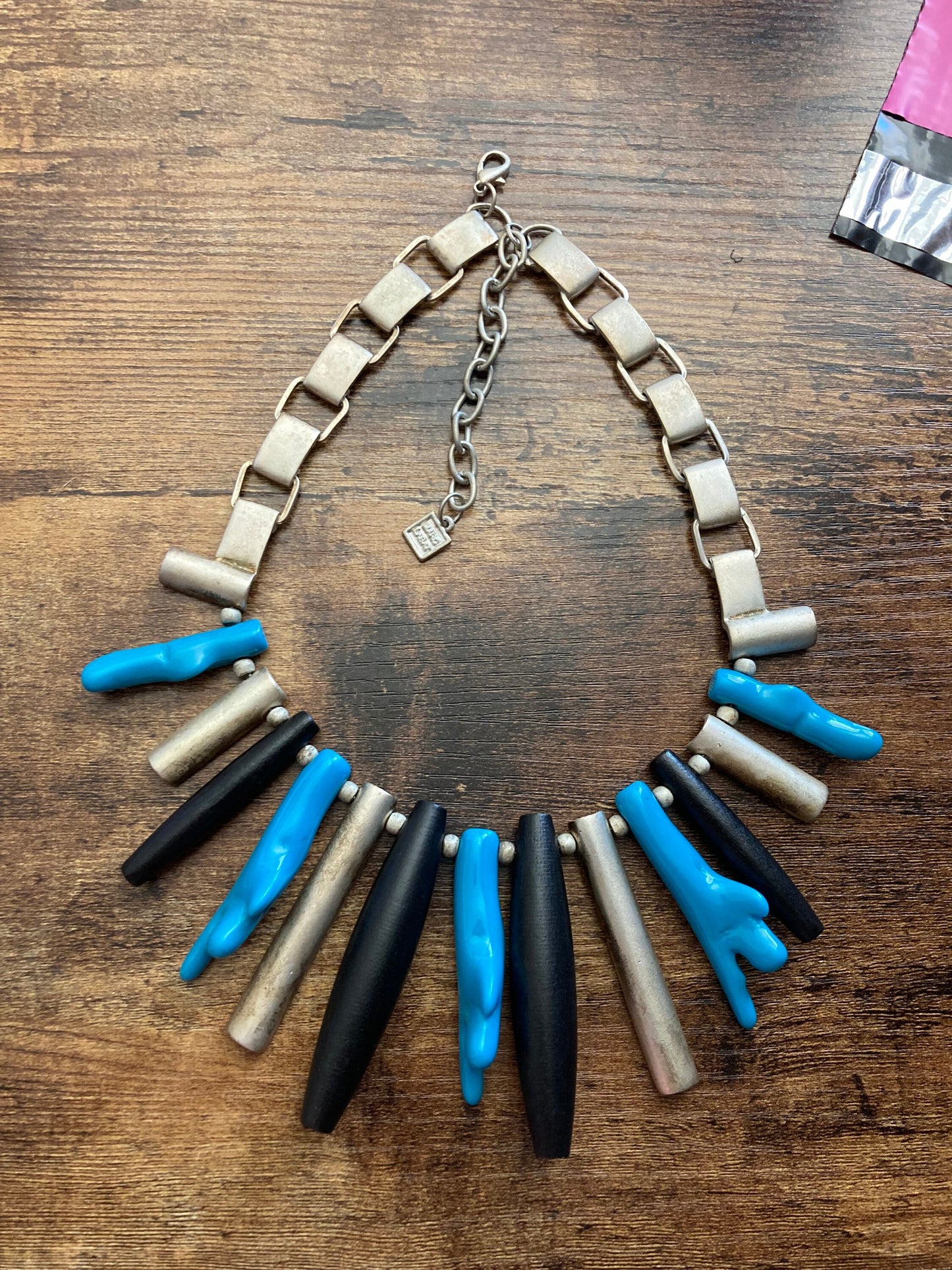 Signed MARC LABAT designer bib necklace turquoise metal runway fashion