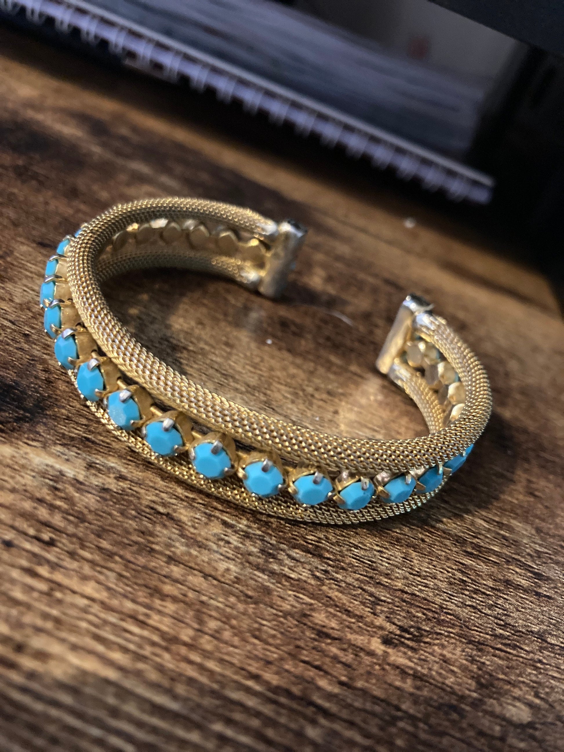 Vintage open ended adjustable fixed flat link textured gold tone gilt cuff bracelet with turquoise blue paste