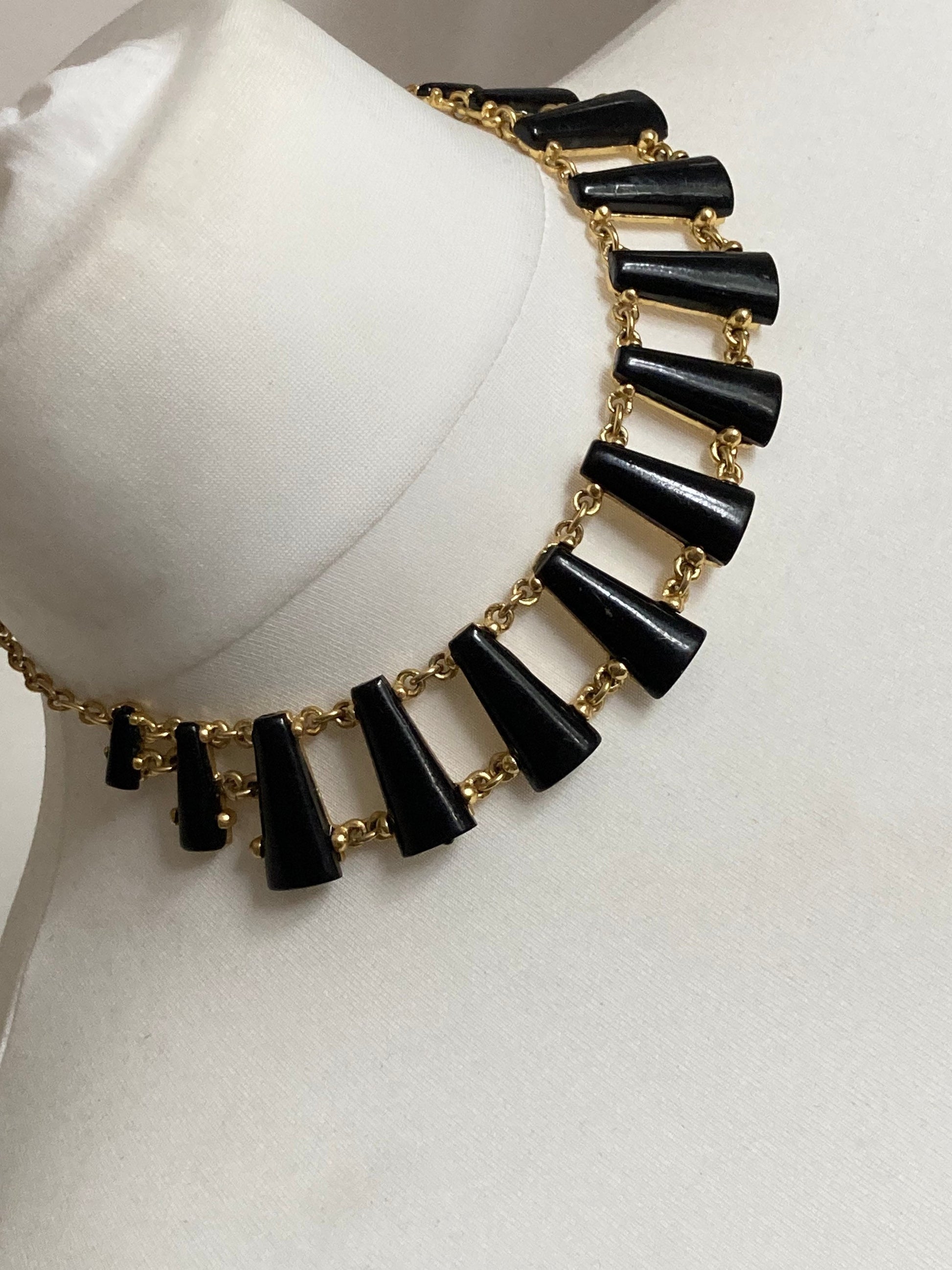 Signed Dolce Vita gold tone statement panel link black cabochon necklace Paris France Designer