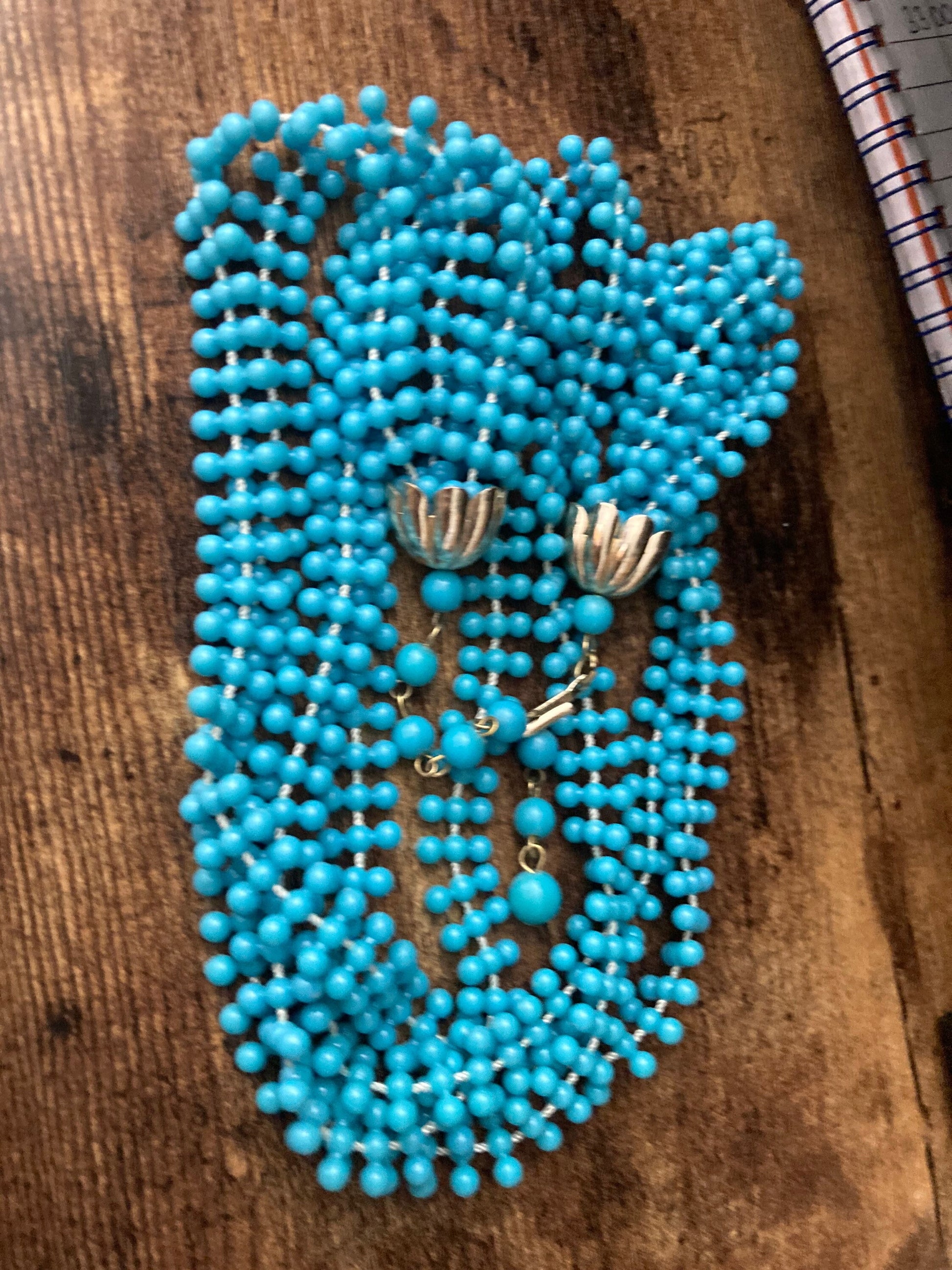 Vintage retro multi strand choker bright turquoise plastic fixed beaded necklace adjustable to 55 cm long