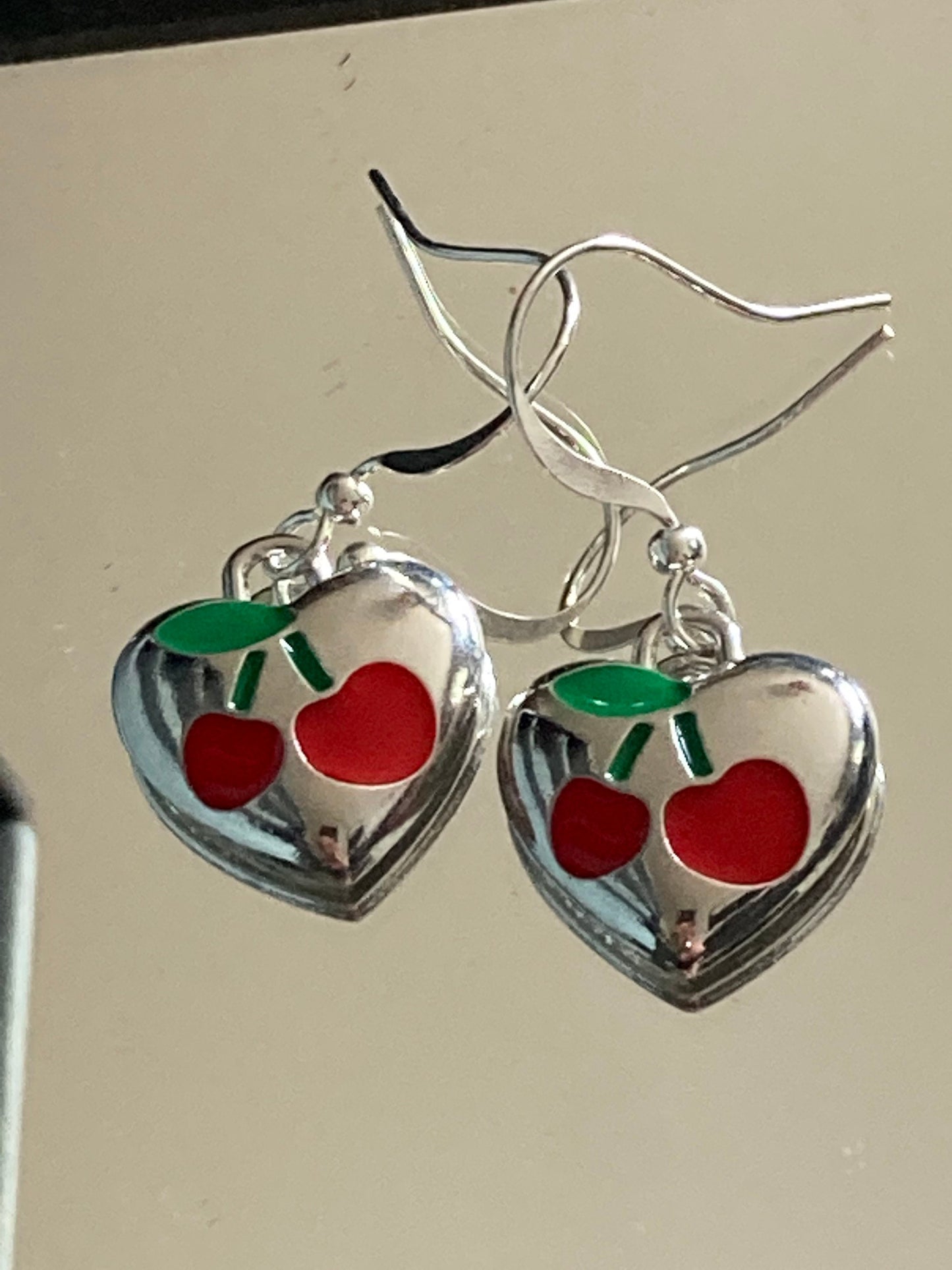 rockabilly style pair of silver red cherry drop heart earrings pierced ears