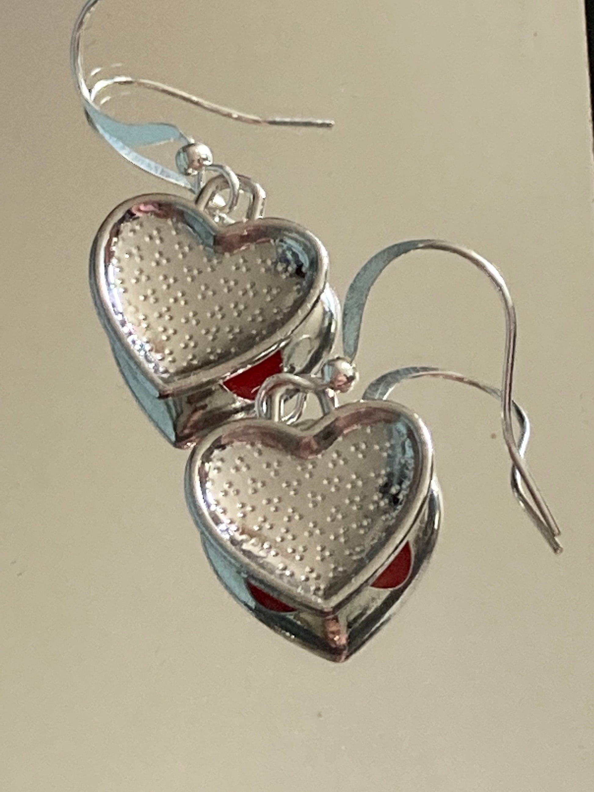 rockabilly style pair of silver red cherry drop heart earrings pierced ears