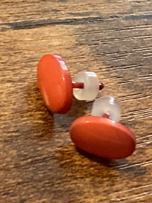 Small orange red Oval plastic button stud earrings for pierced ears