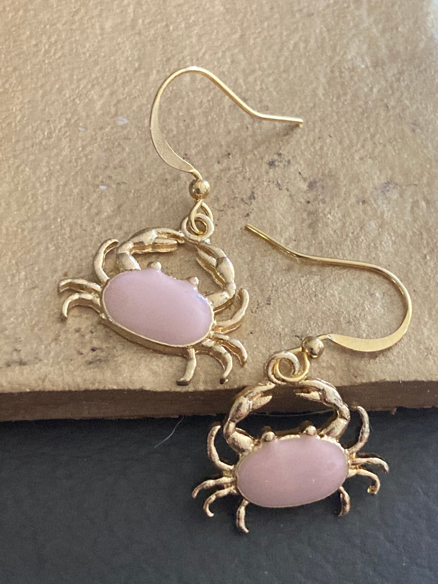 Pink enamel gold tone crab earrings pierced ears Cornish