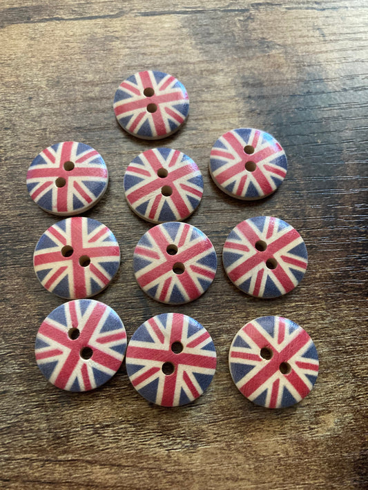 Set of 10 x 20mm round beige Union Jack wooden buttons with UK flag emblem buttons