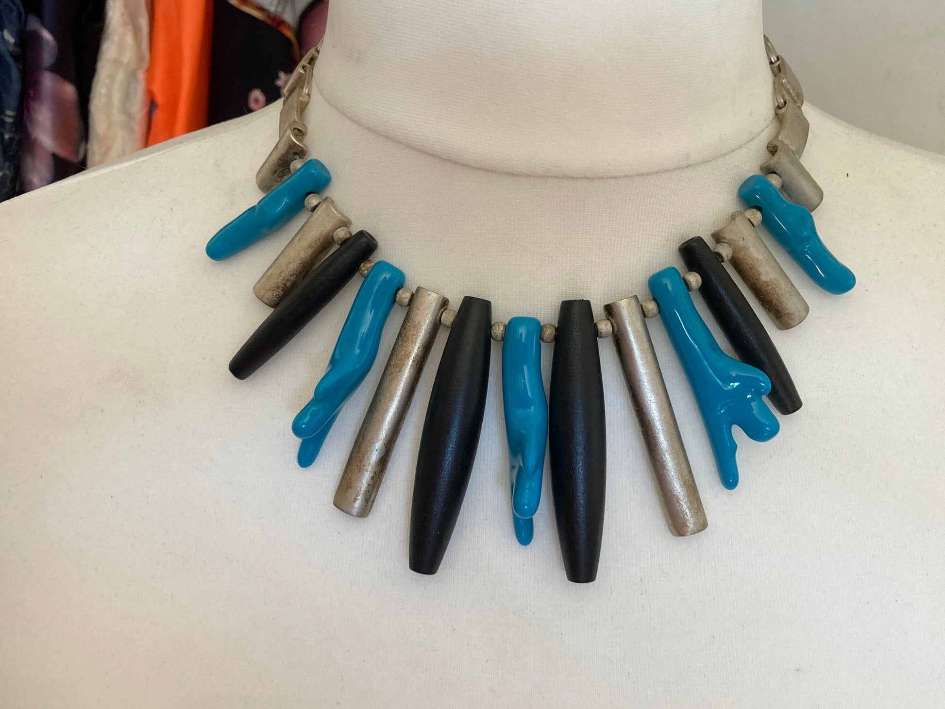 Signed MARC LABAT designer bib necklace turquoise metal runway fashion