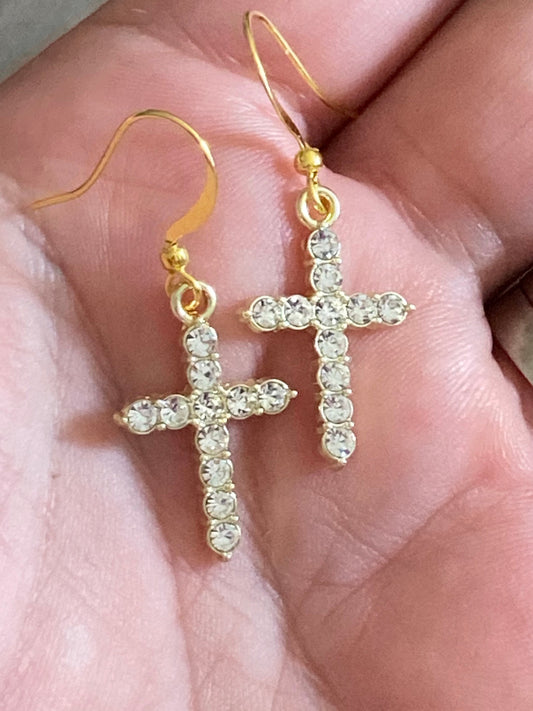 Handmade gold tone clear diamanté crystal religious cross earrings