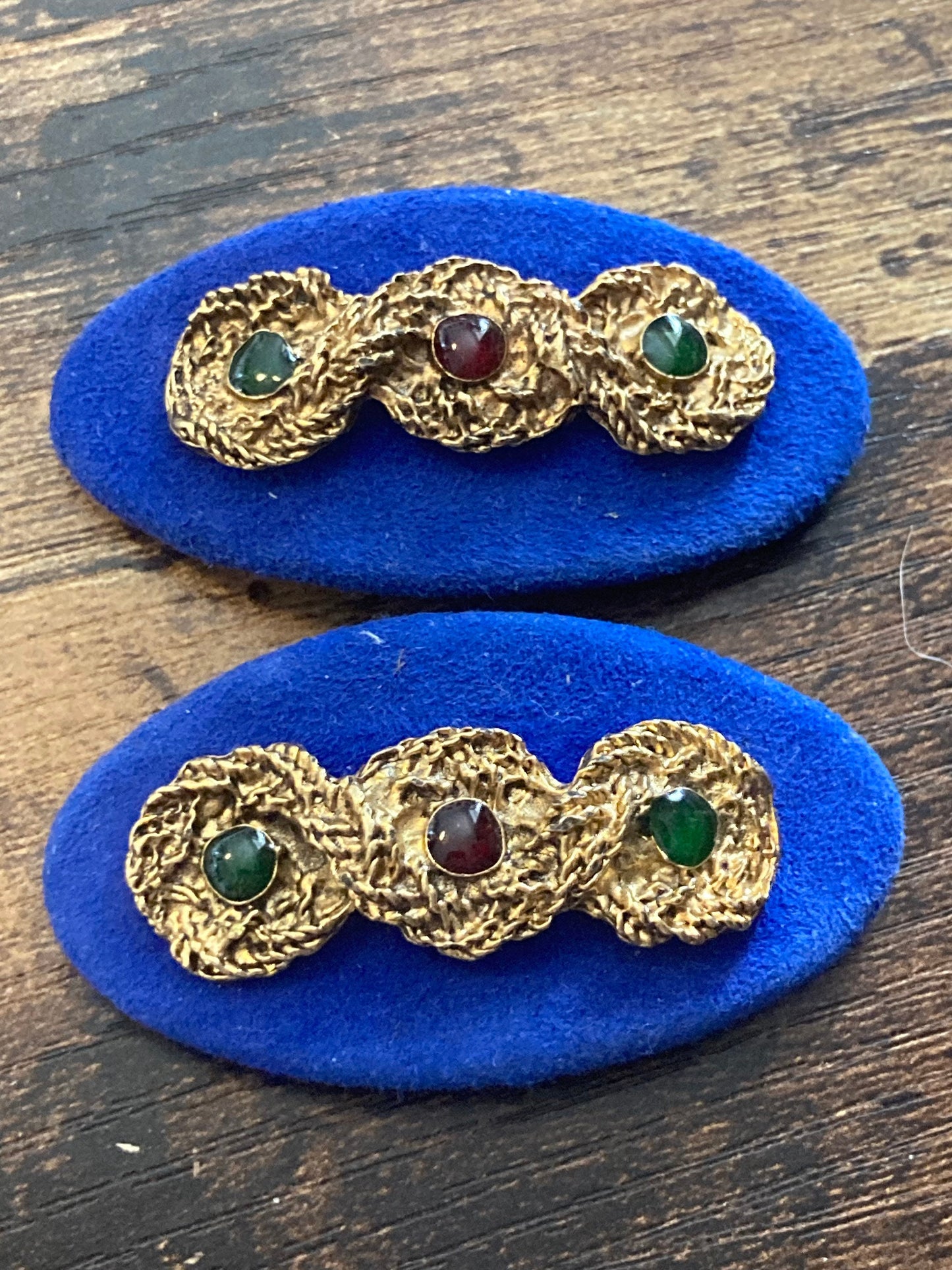 Signed BLUETTE France gold and Bright blue suede pair of French shoe clips