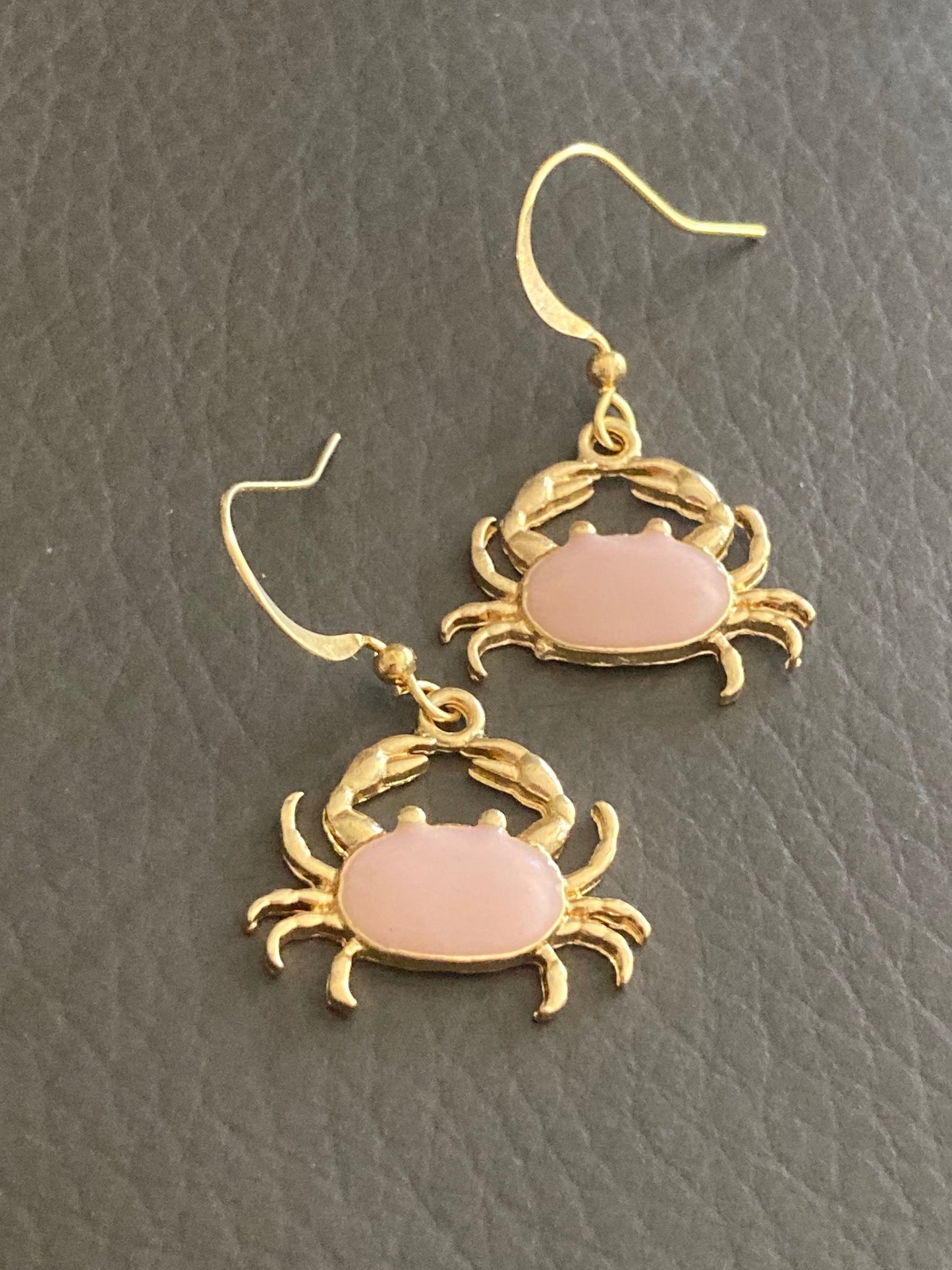 Pink enamel gold tone crab earrings pierced ears Cornish