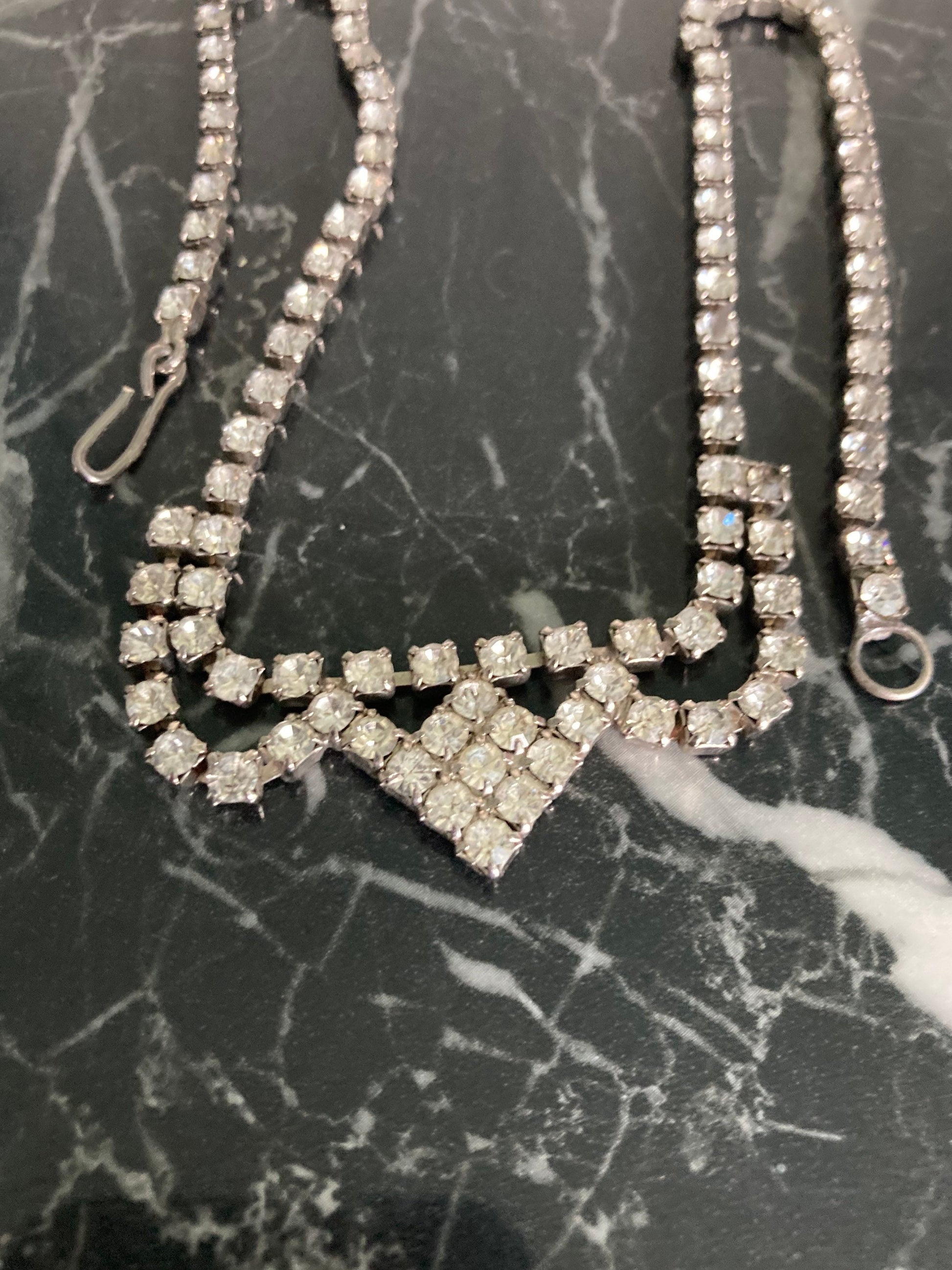 Vintage diamanté rhinestone crystal silver tone party cocktail necklace 41cm