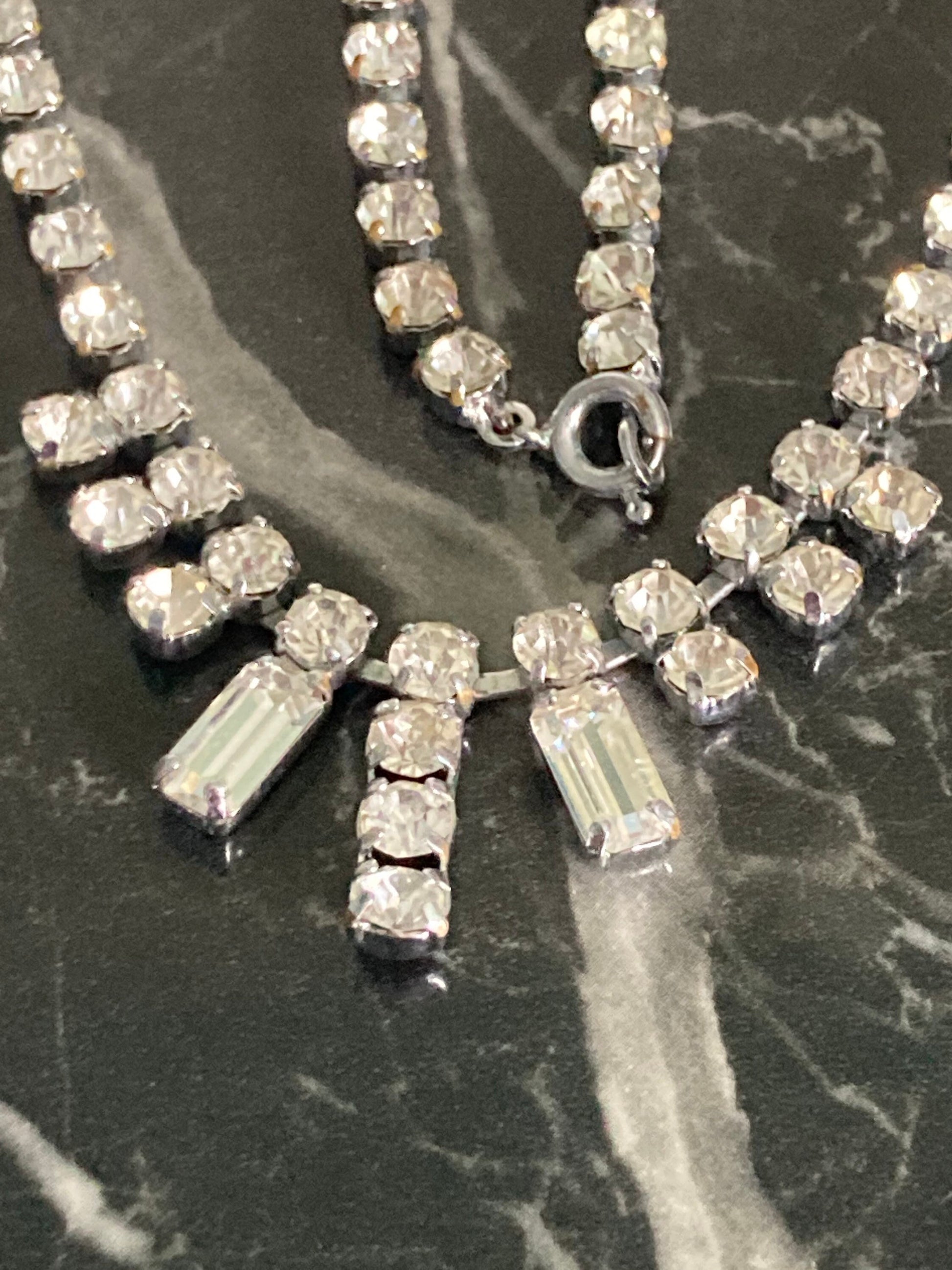 Vintage diamanté rhinestone crystal silver tone party cocktail necklace 40cm super sparkly