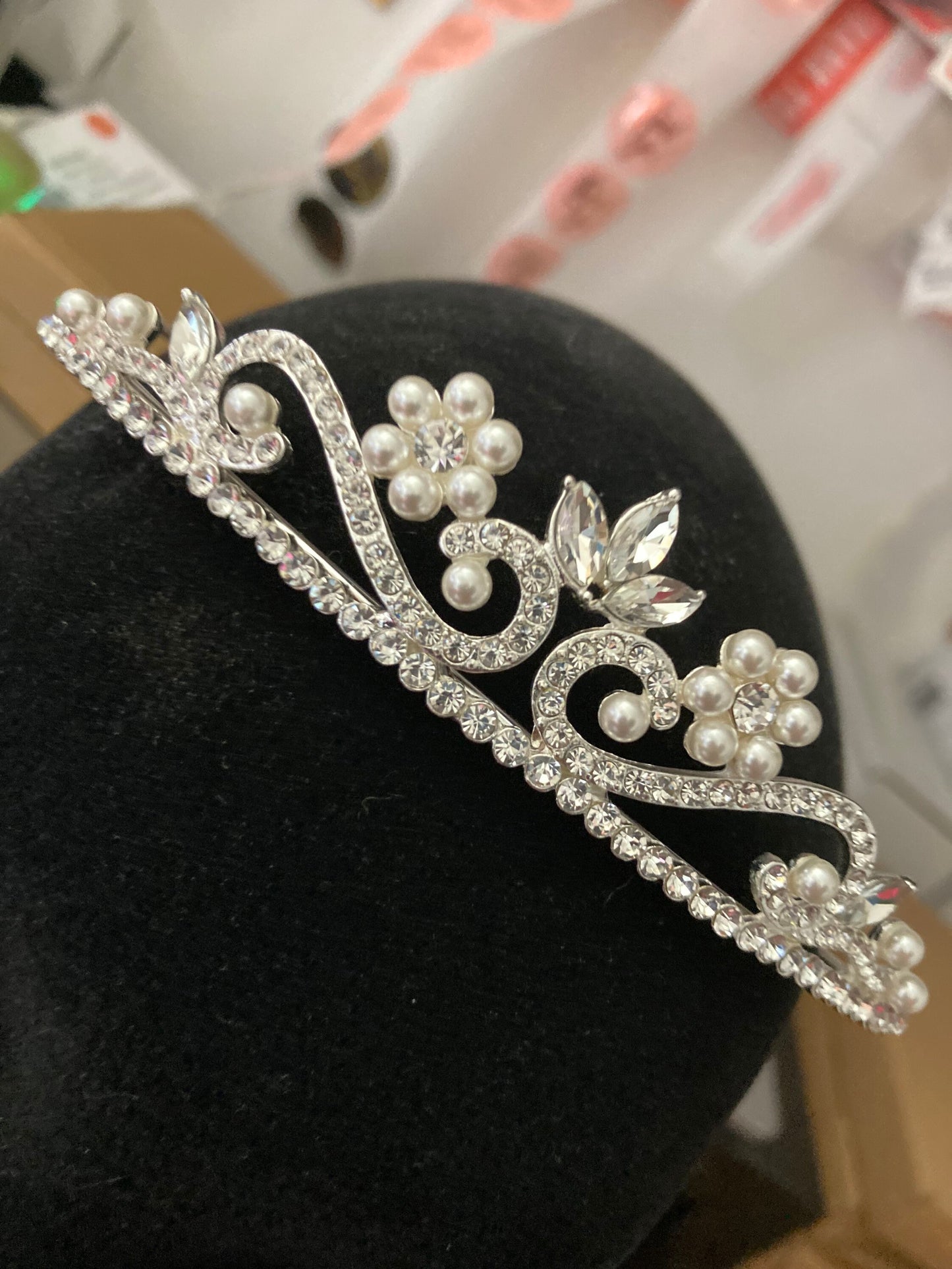 silver tone clear crystal rhinestone ladies girls tiara with faux pearls