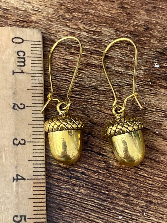 gold tone brass acorn drop earrings pierced ears