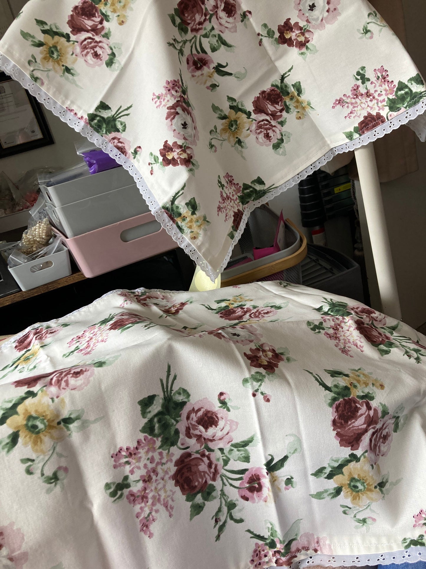 Pair of matching handmade vintage cream off white purple roses floral print 26” square lamp table tablecloths