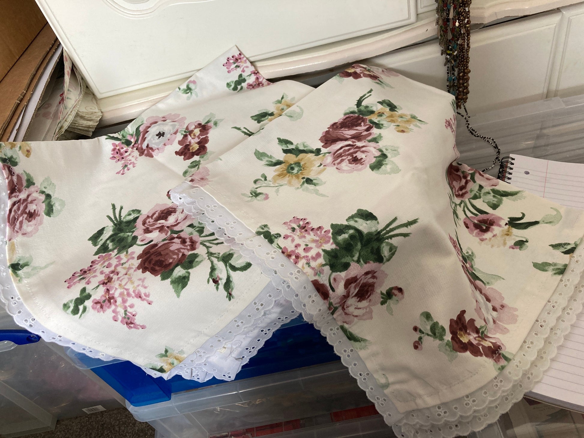 Pair of matching handmade vintage cream off white purple roses floral print 26” square lamp table tablecloths