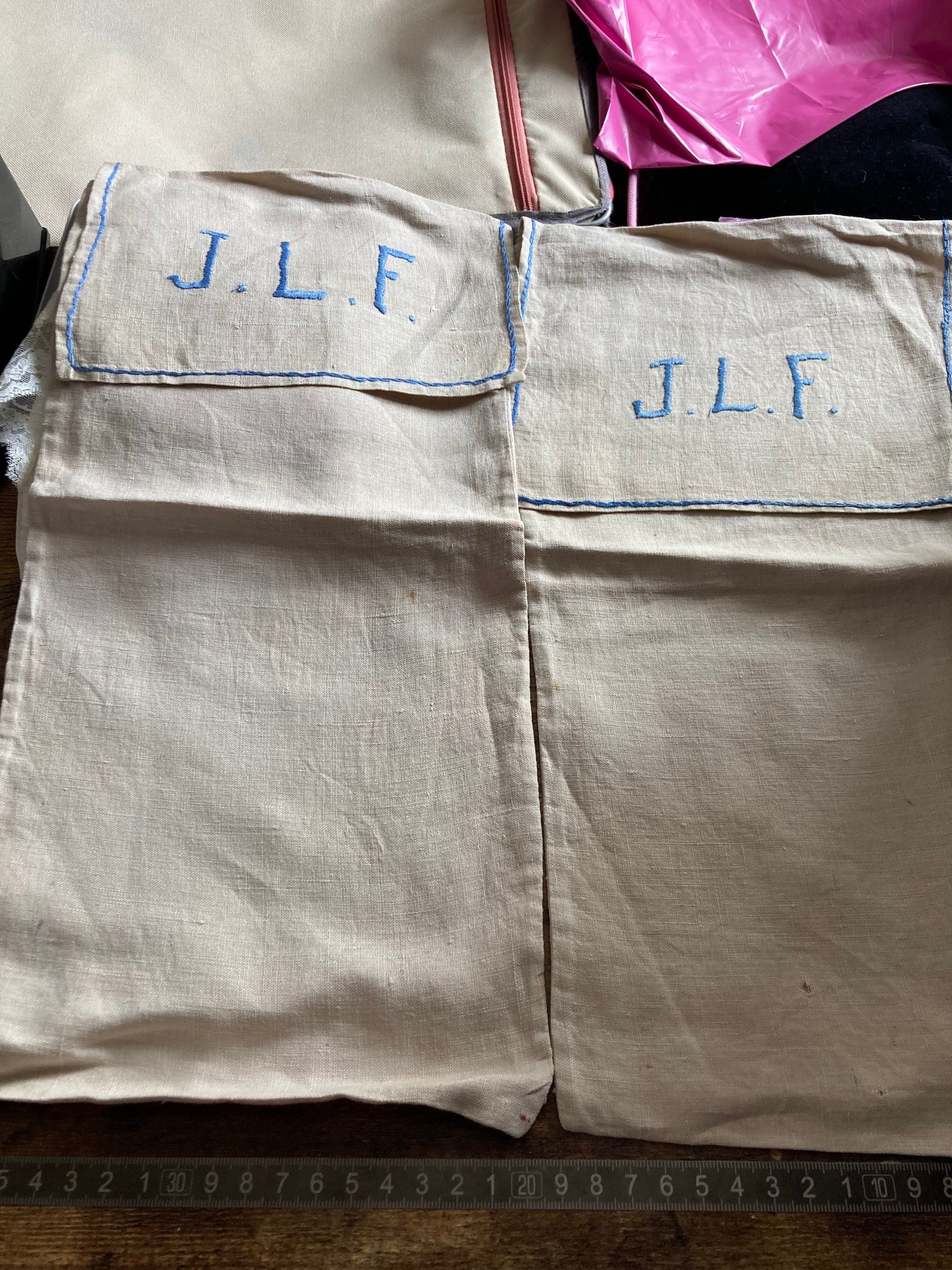 2 x Monogrammed J L F shoe bag Antique embroidered folding travel storage case for shoes