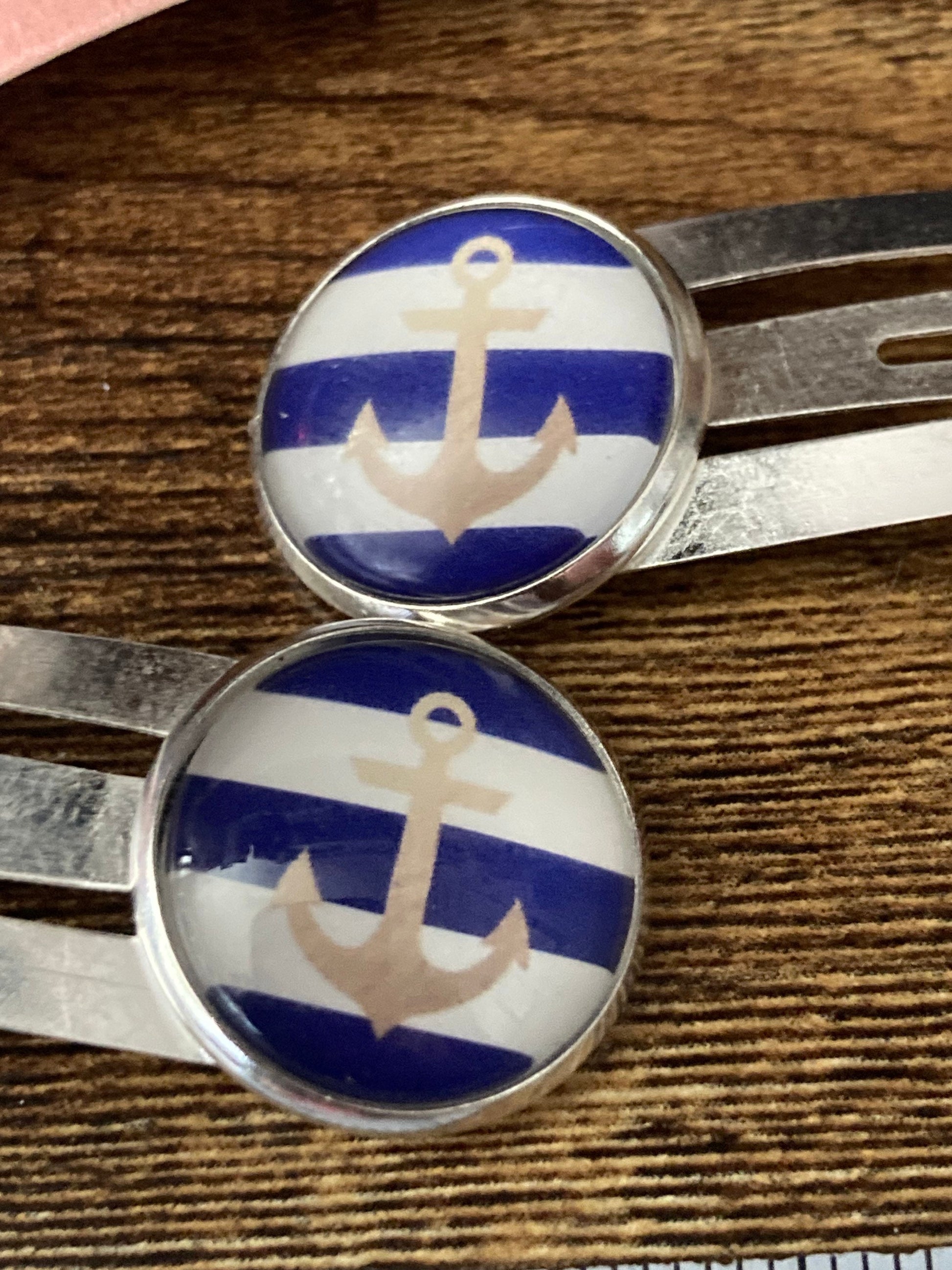 pair of Blue White Striped Anchor Nautical snap hair clips