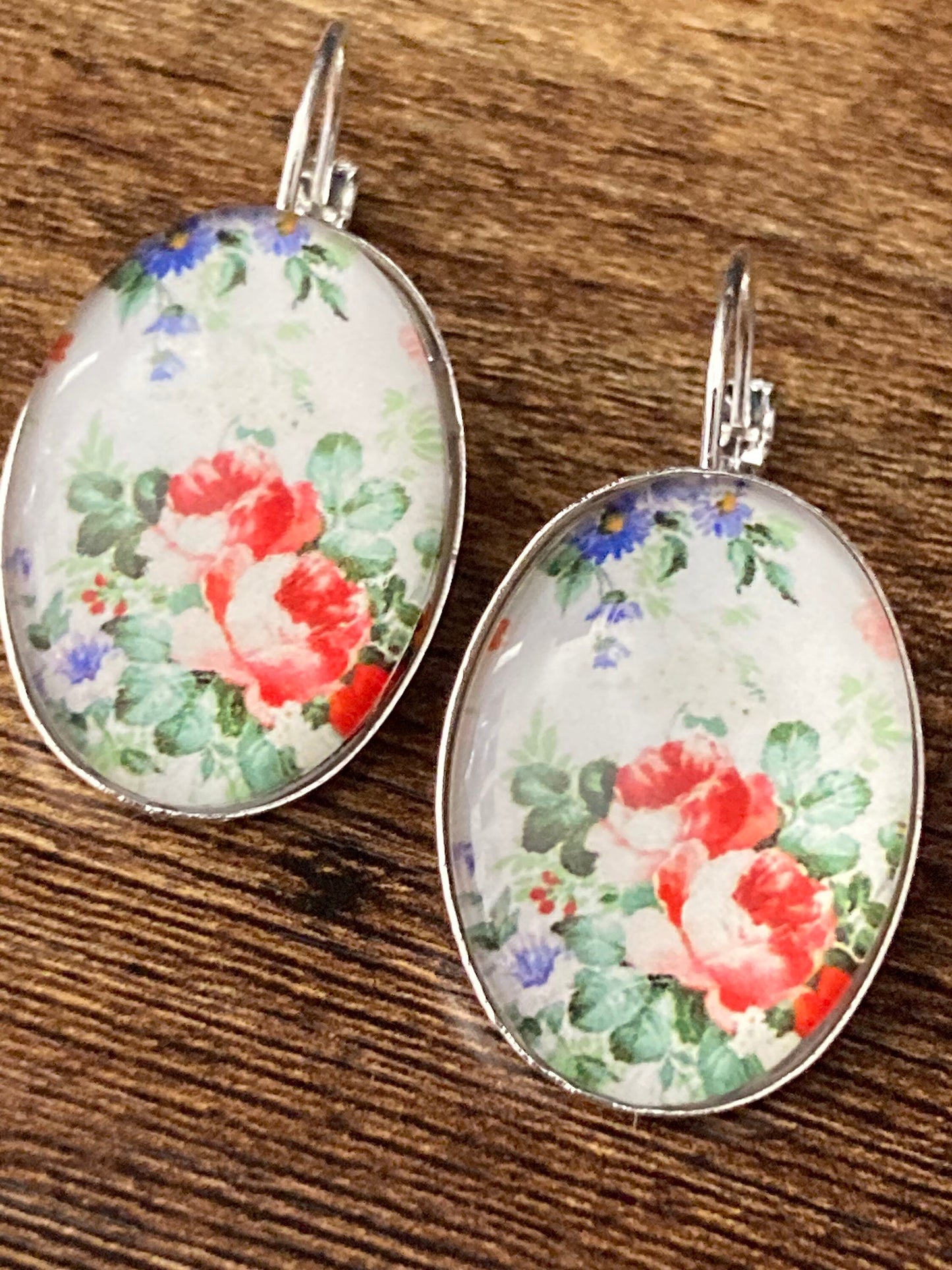 Soft Pink red rose earrings Spring garden flowers oval glass cabochon silver tone drops