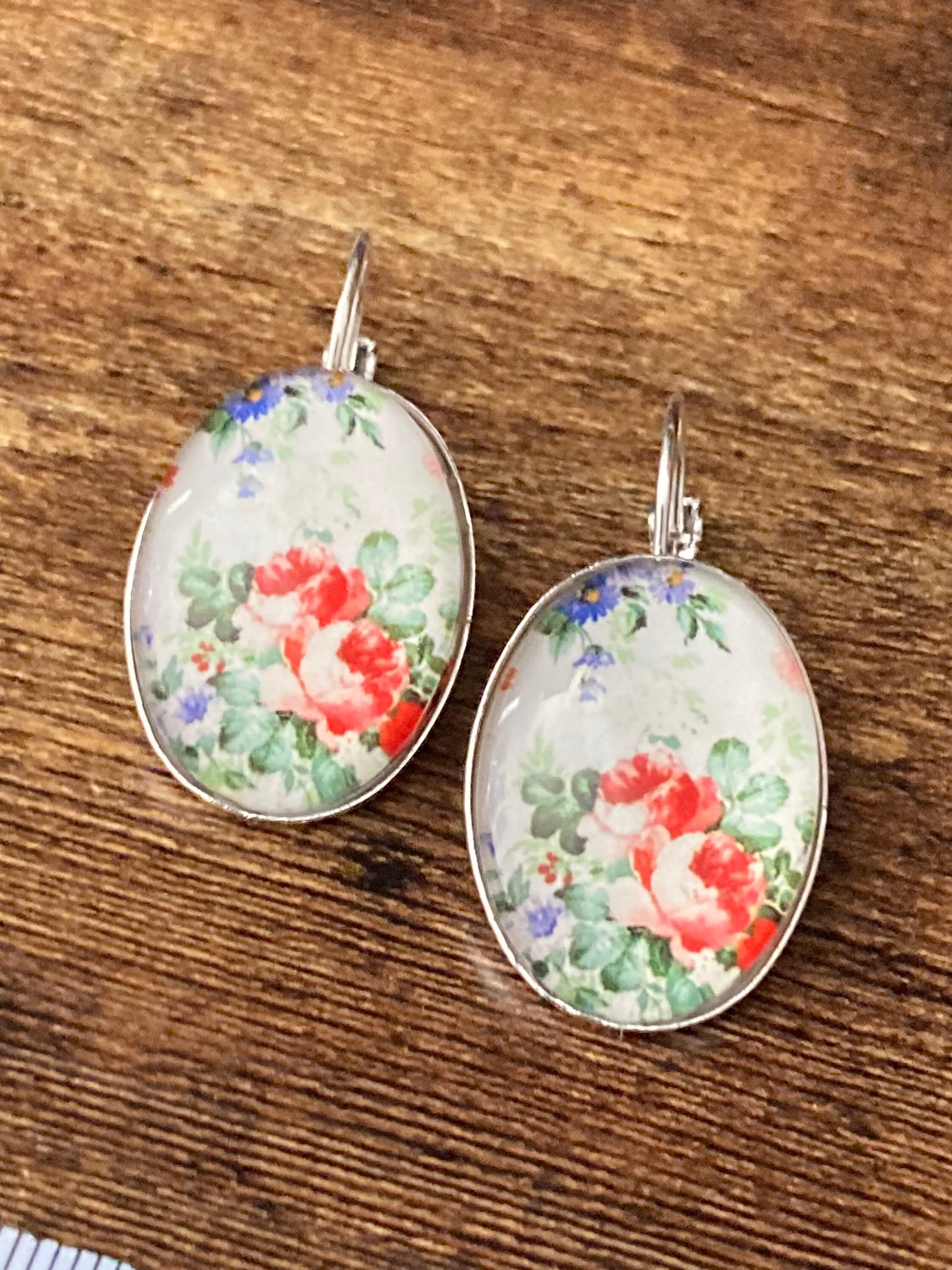 Soft Pink red rose earrings Spring garden flowers oval glass cabochon silver tone drops