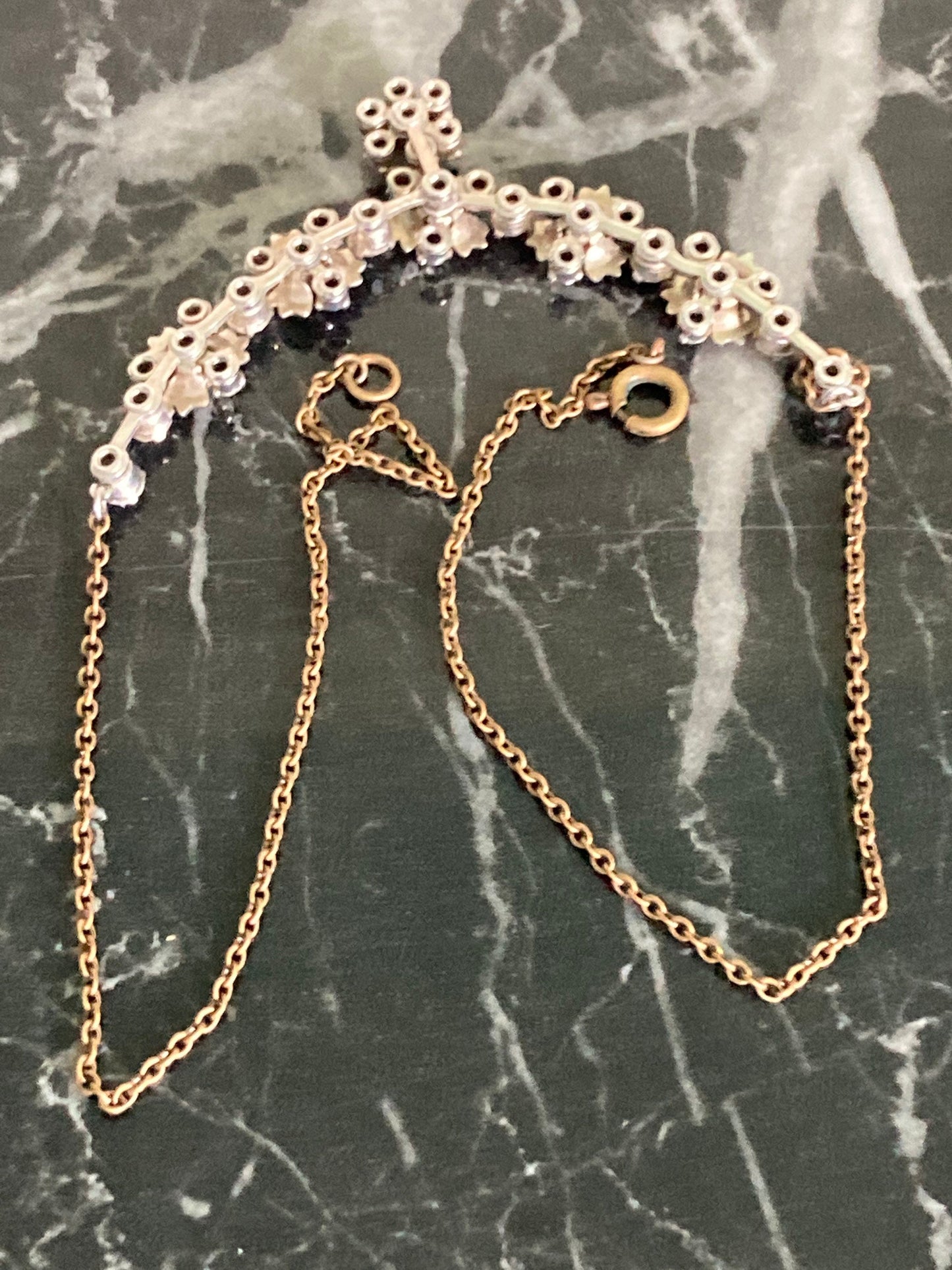 Vintage retro diamanté rhinestone crystal gold tone party cocktail necklace 41cm rolled gold chain silver tone pendant